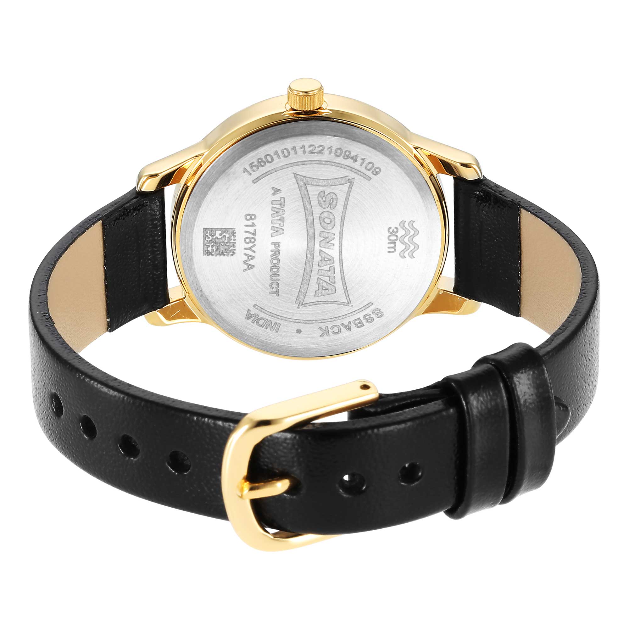 Classic Gold Black Dial Leather Strap Watch for Women - Image 4