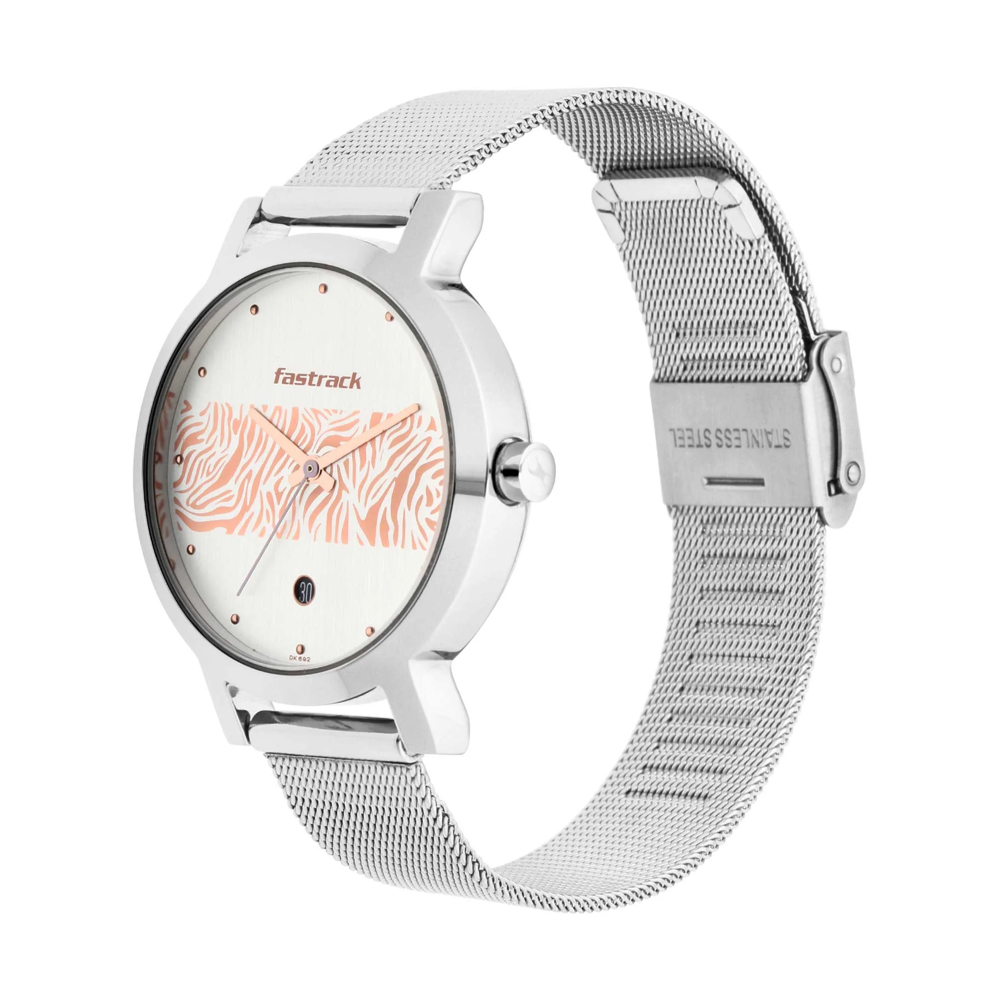 Fastrack Fastrack Animal Print Quartz Analog with Date Bicolour Dial Stainless Steel Strap Watch for Girls - Image 3