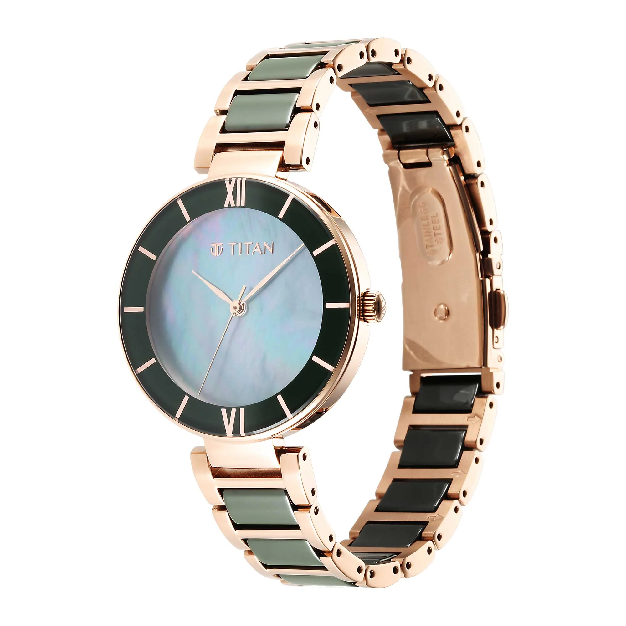 Purple Ceramics Green Dial Steel & Ceramic Strap Watch for Women - Image 4
