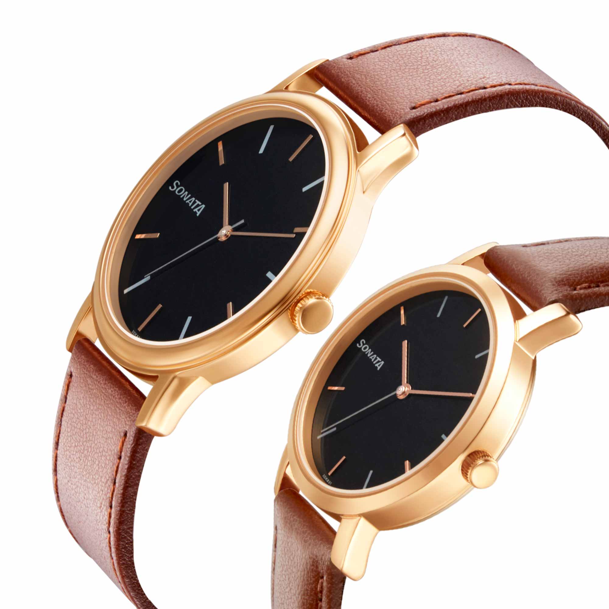 Sonata Quartz Analog Black Dial Leather Strap Watch for Couple - Image 3