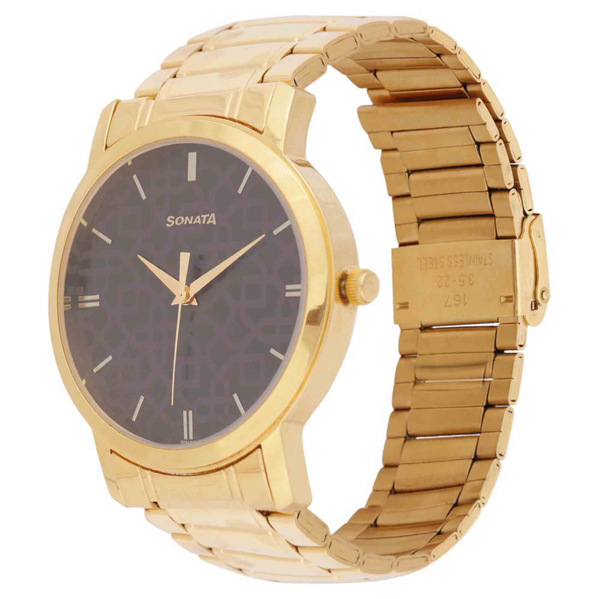 Sonata Quartz Analog Black Dial Stainless Steel Strap Watch for Men - Image 3