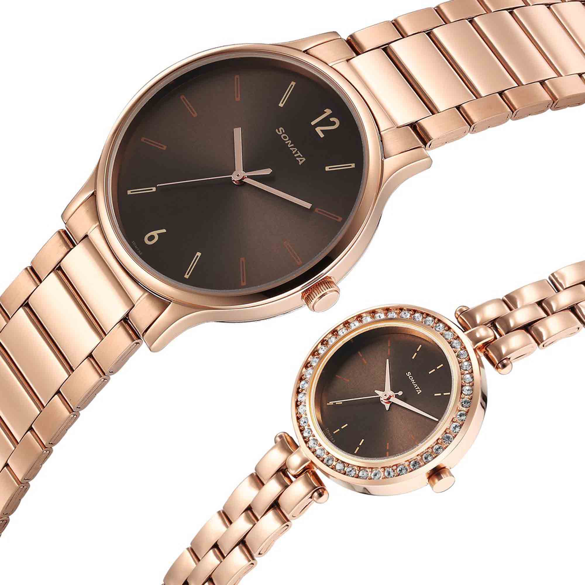 Sonata Quartz Analog Brown Dial Stainless Steel Strap Watch for Couple - Image 3