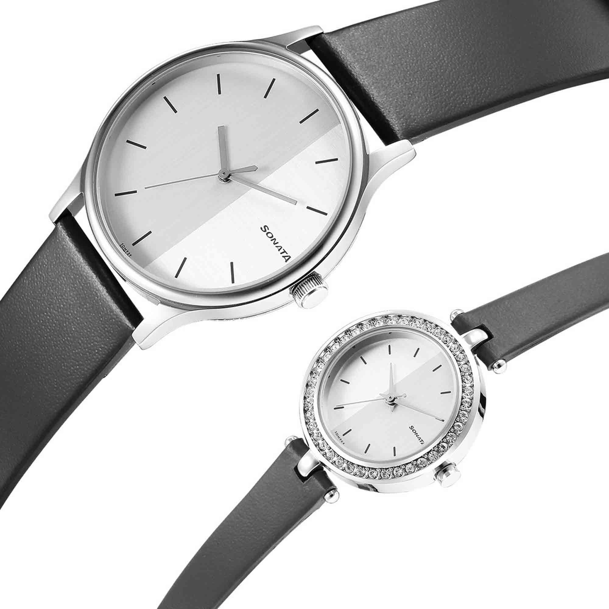 Sonata Quartz Analog Silver Dial Leather Strap Watch for Couple - Image 3