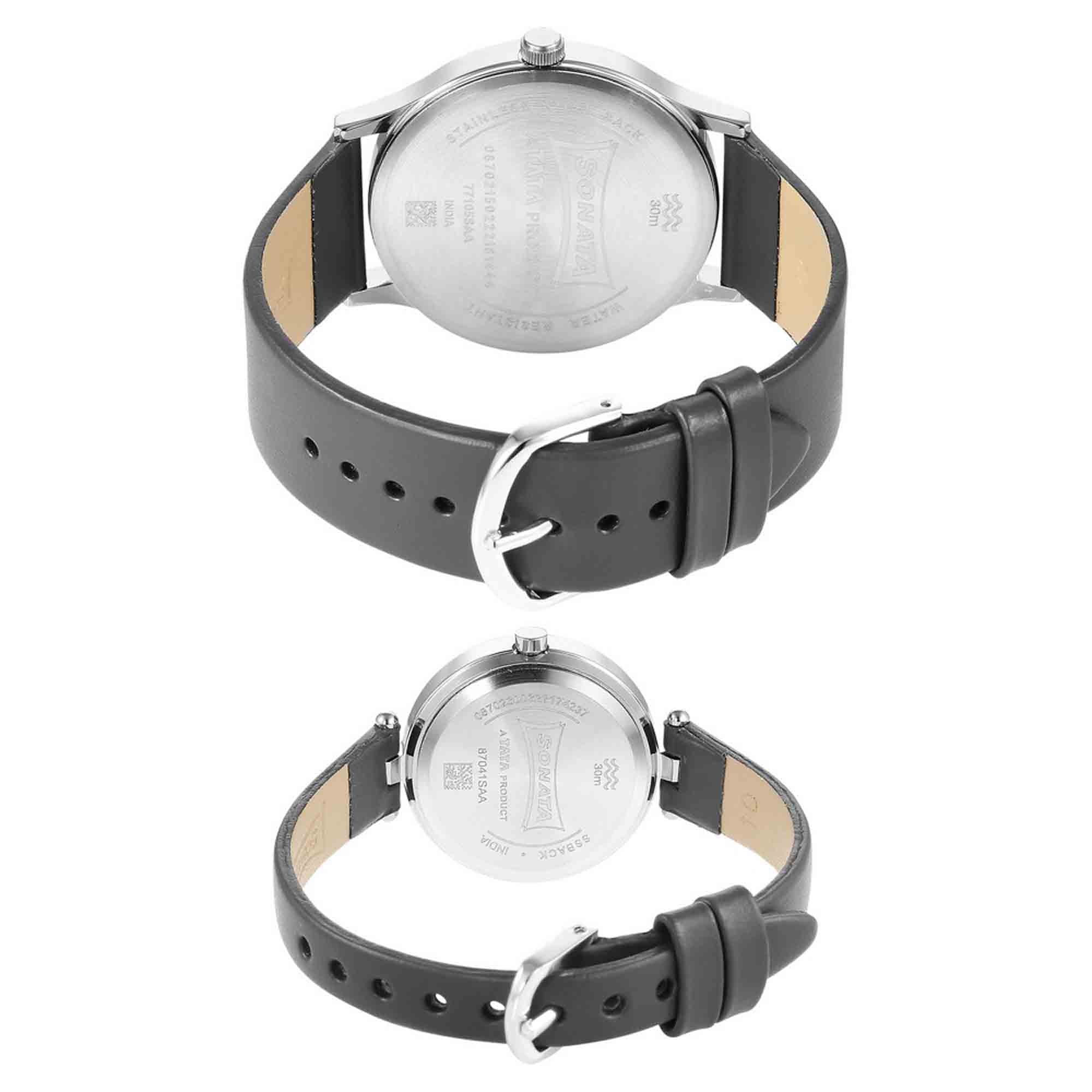 Sonata Quartz Analog Silver Dial Leather Strap Watch for Couple - Image 4