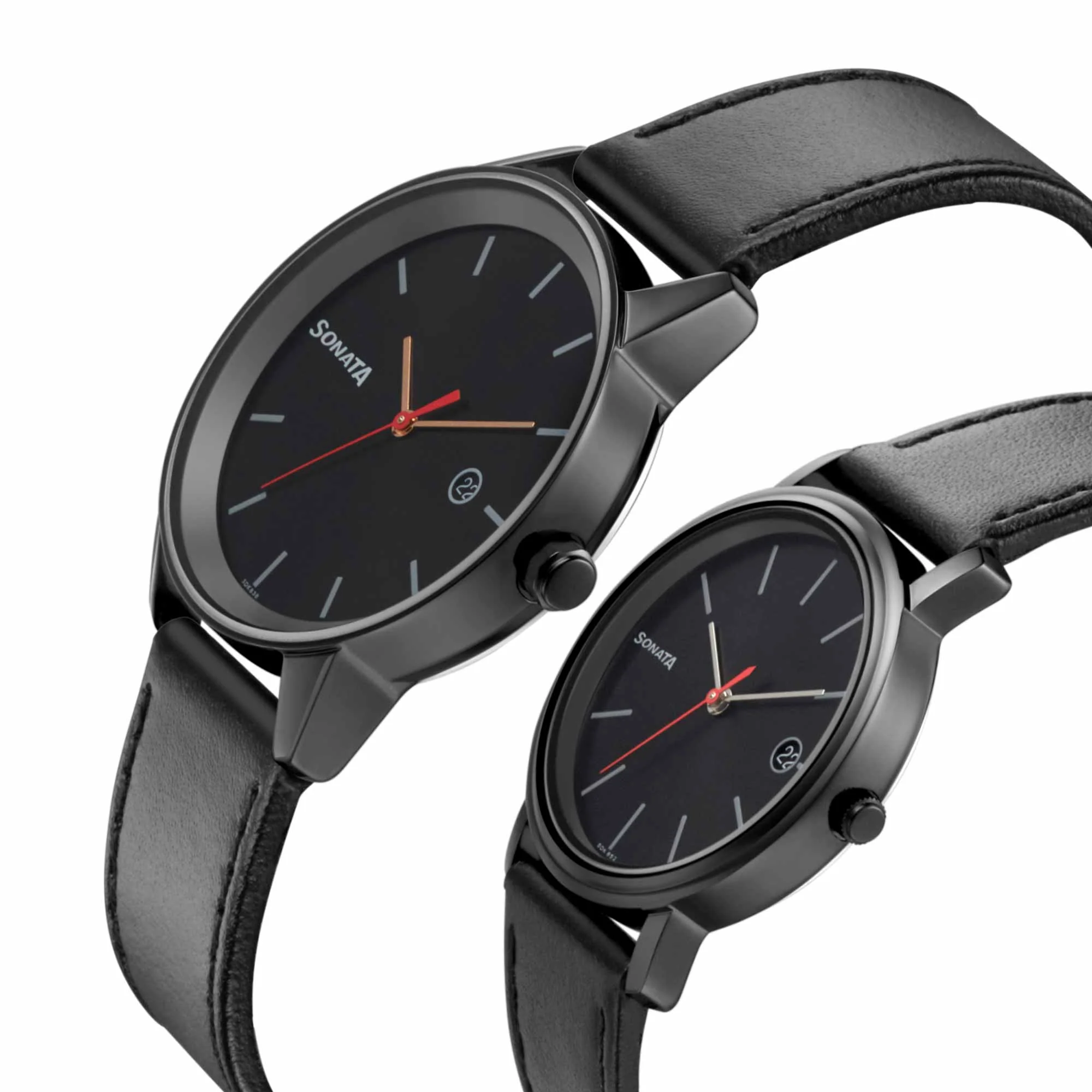 Sonata Quartz Analog with Date Black Dial Leather Strap Watch for Couple - Image 3