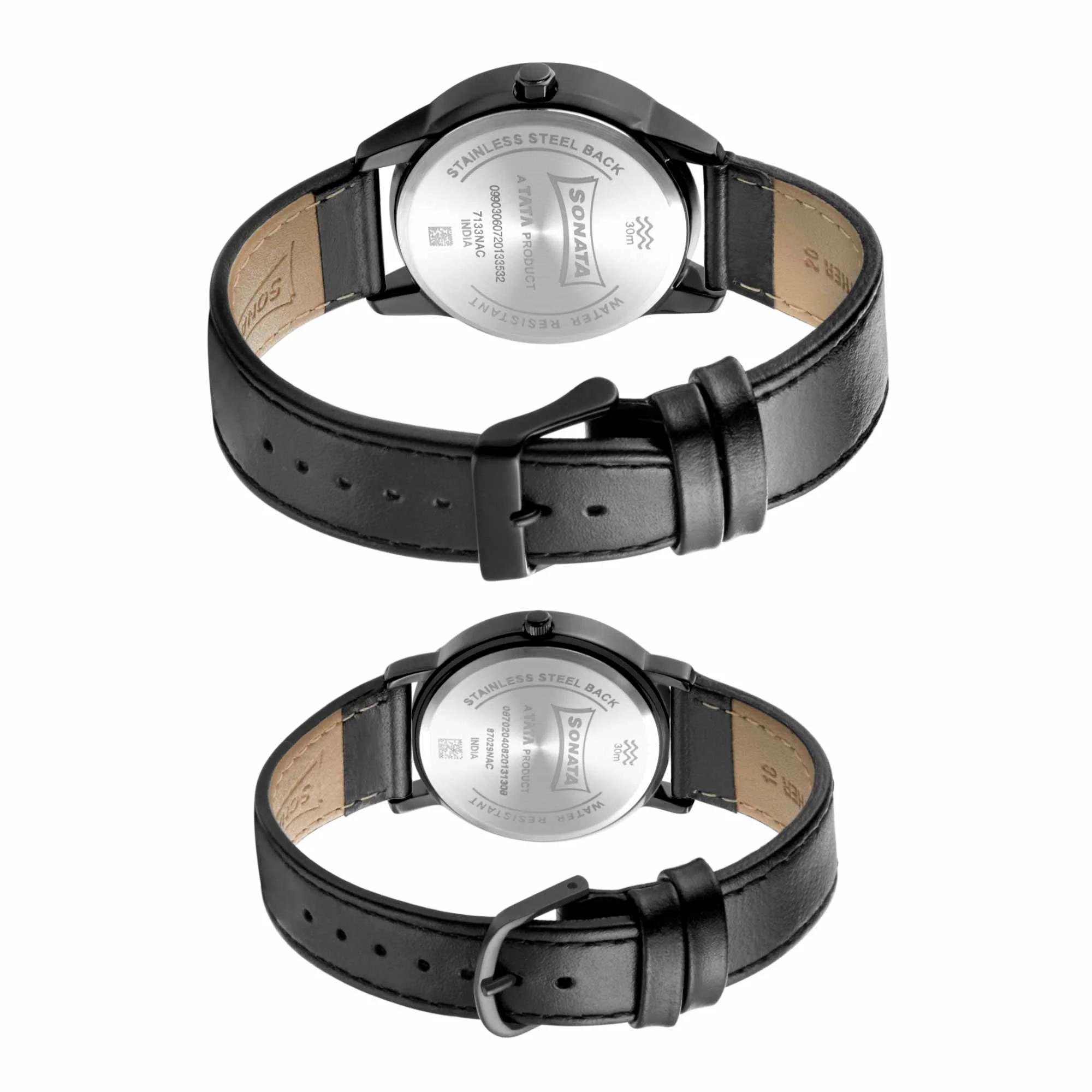 Sonata Quartz Analog with Date Black Dial Leather Strap Watch for Couple - Image 4