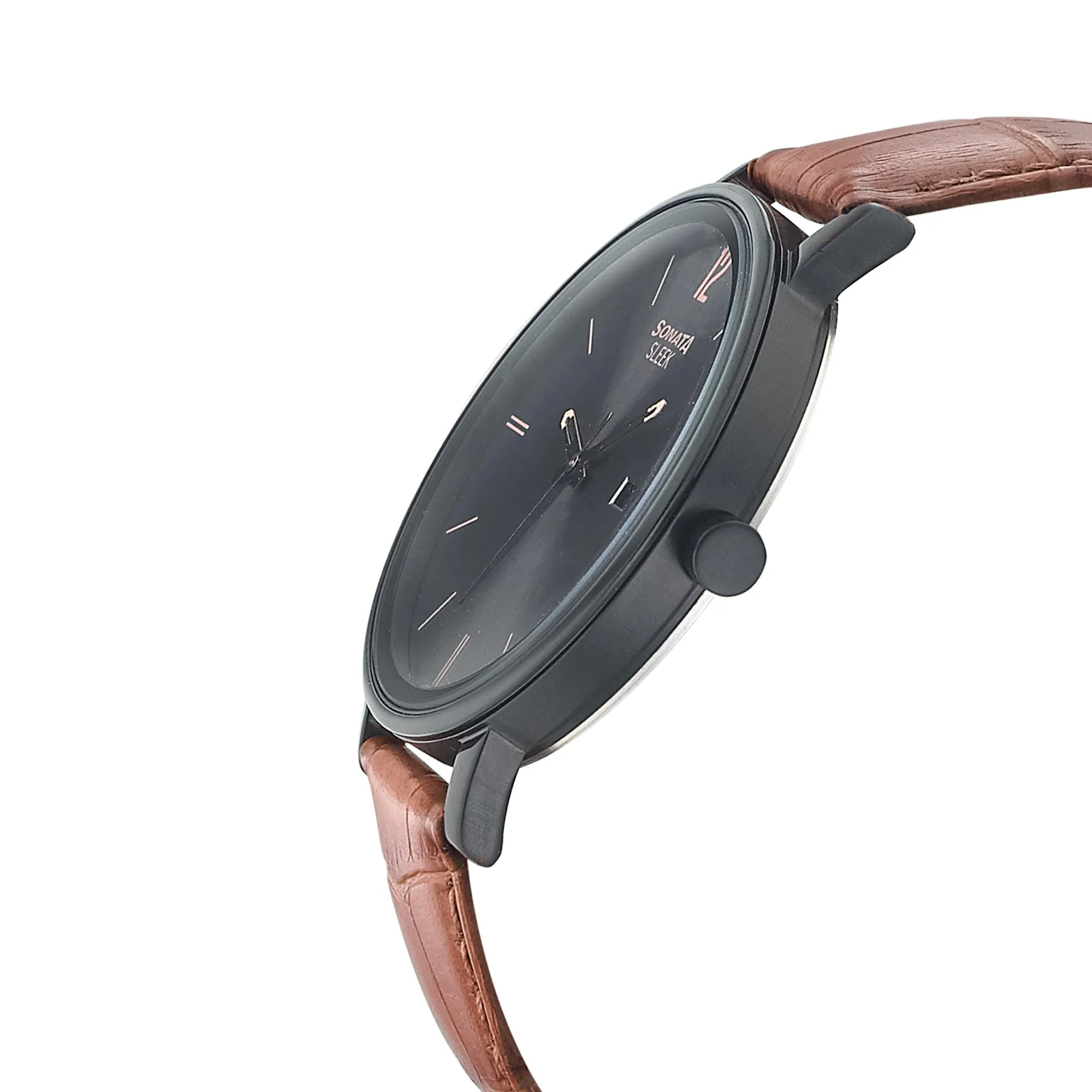 Sonata Quartz Analog with Date Black Dial Leather Strap Watch for Men - Image 3