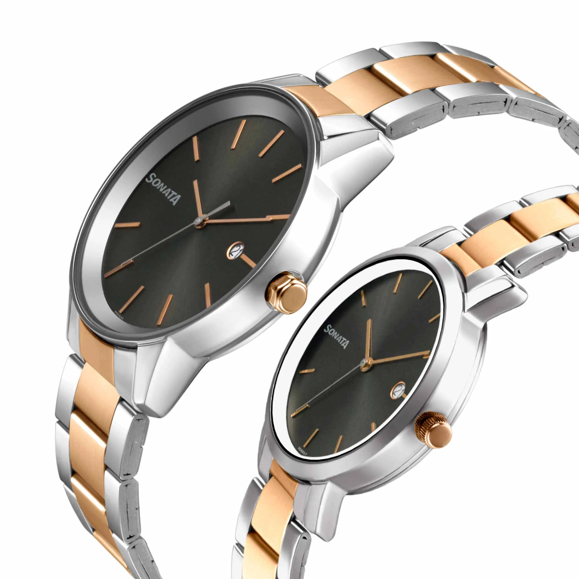 Sonata Quartz Analog with Date Black Dial Metal Strap Watch for Couple - Image 3