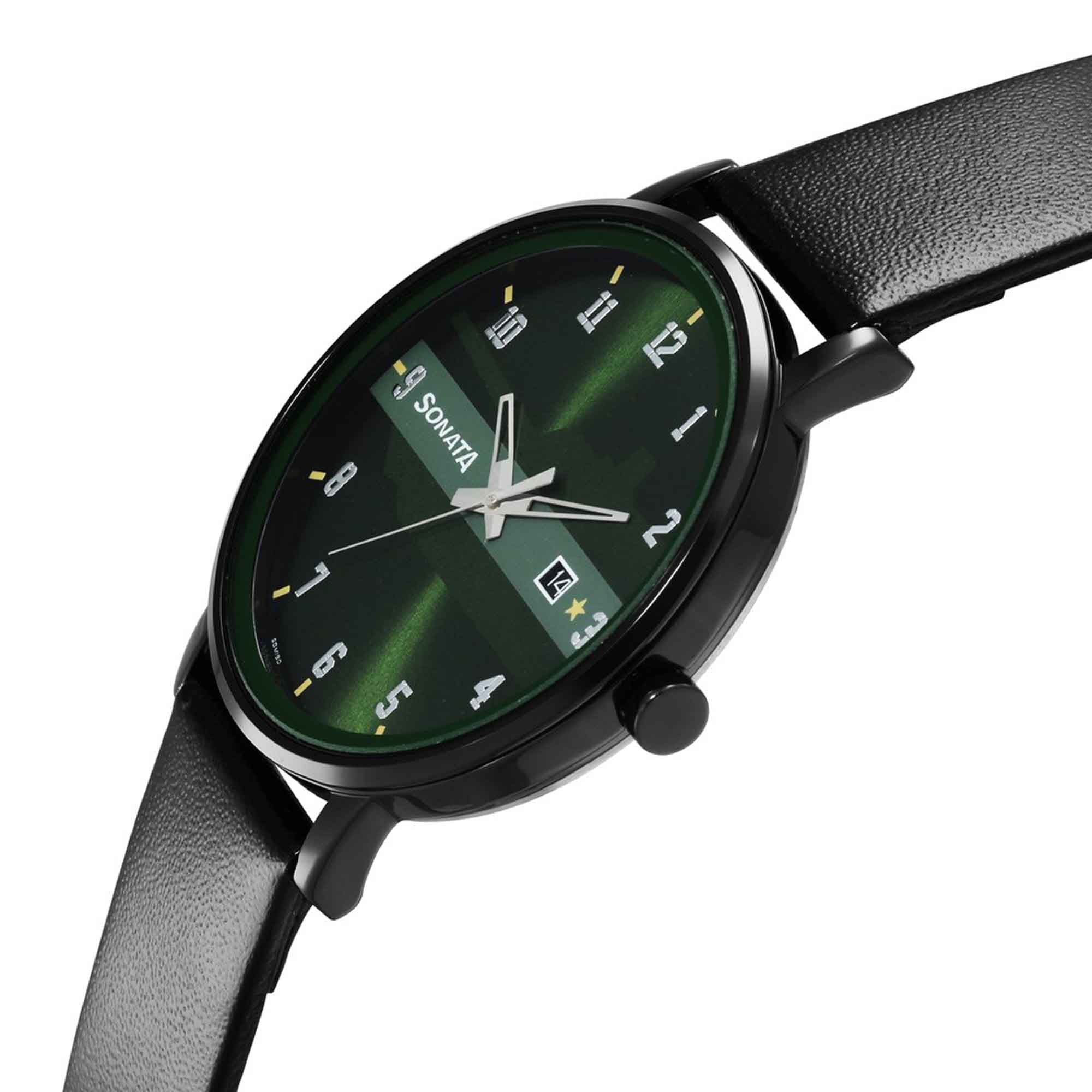Sonata Quartz Analog with Date Green Dial Leather Strap Watch for Men - Image 3