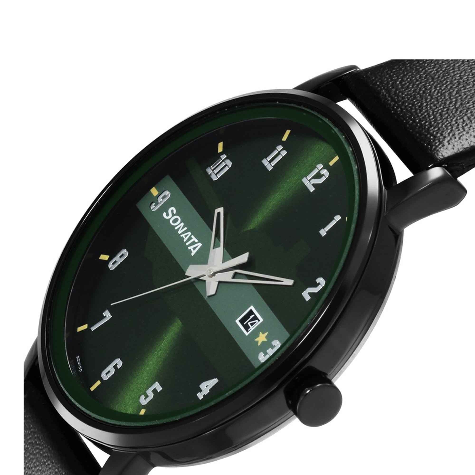 Sonata Quartz Analog with Date Green Dial Leather Strap Watch for Men - Image 5