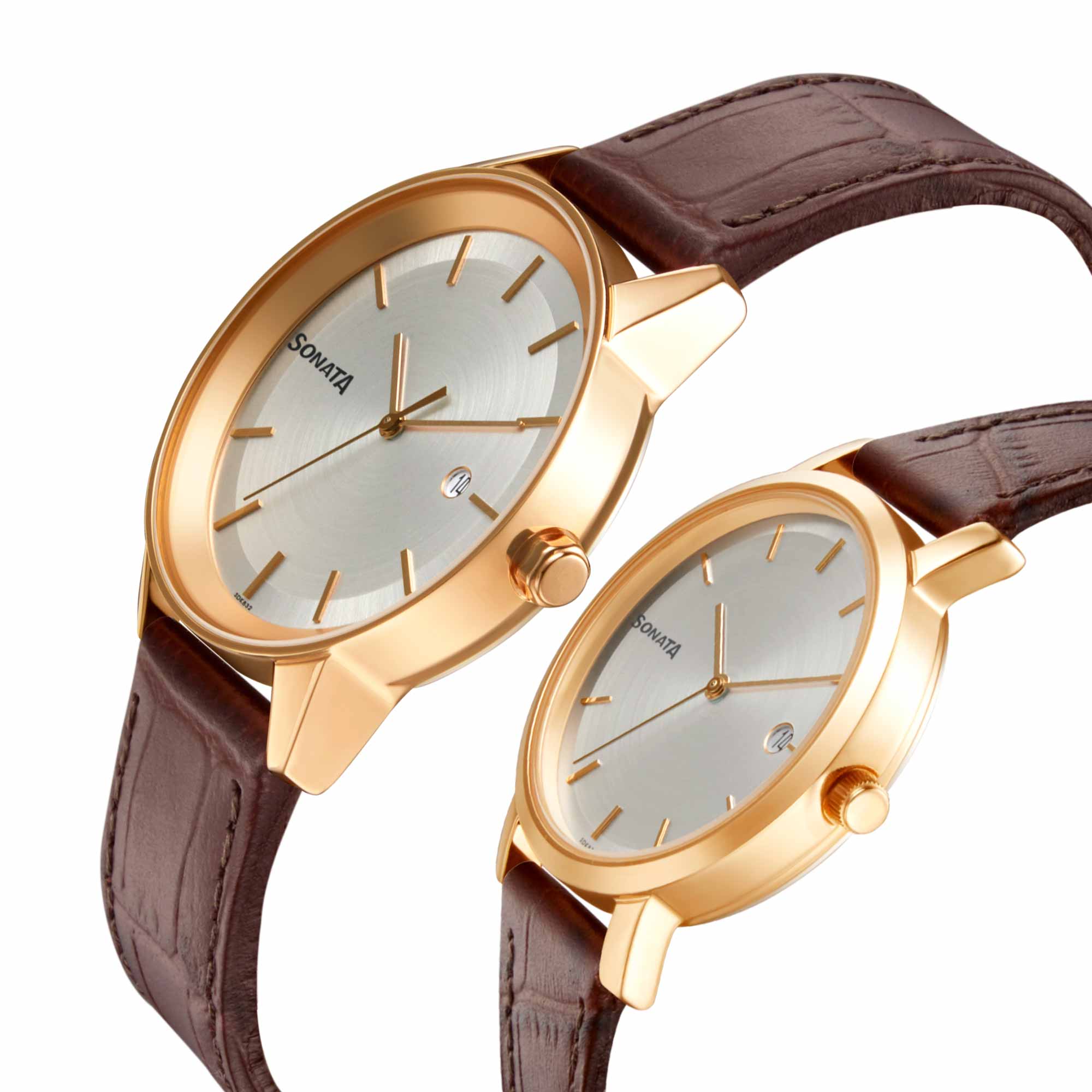Sonata Quartz Analog with Date White Dial Leather Strap Watch for Couple - Image 3