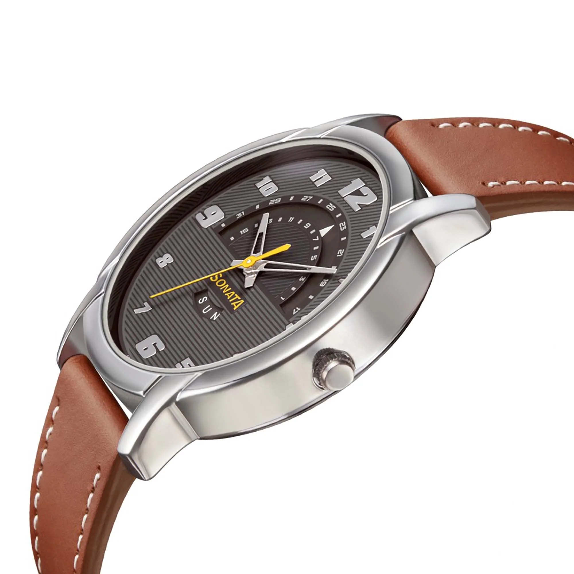 Sonata Quartz Analog with Day and Date Anthracite Dial Leather Strap Watch for Men - Image 3