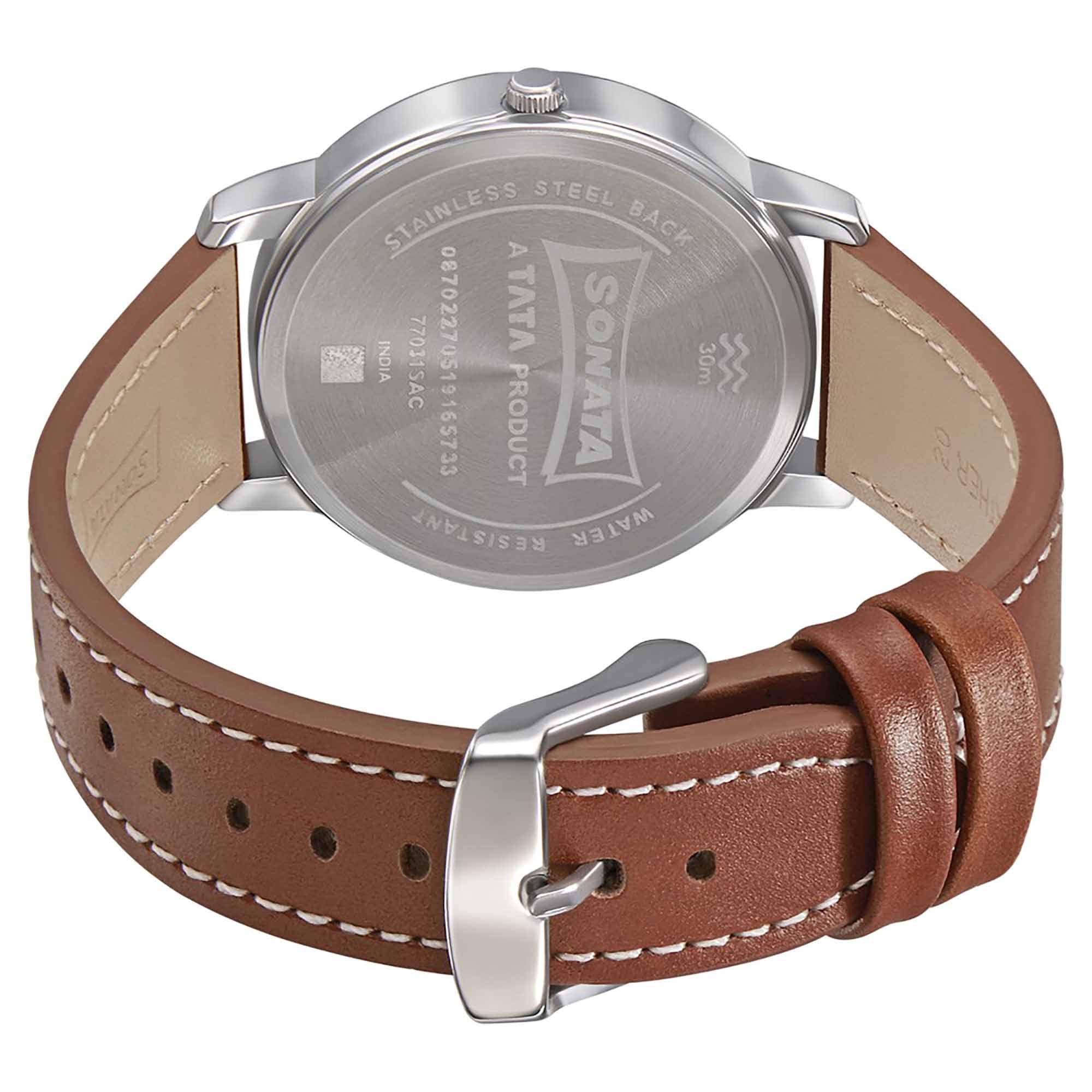 Sonata Quartz Analog with Day and Date Anthracite Dial Leather Strap Watch for Men - Image 4