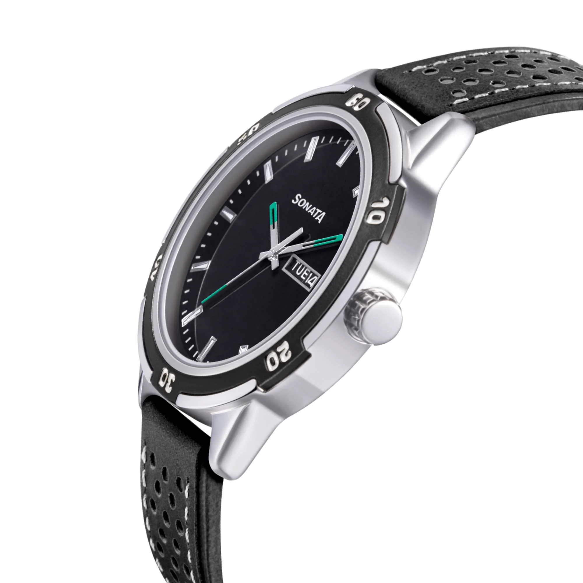 Sonata Quartz Analog with Day and Date Black Dial Leather Strap Watch for Men - Image 3