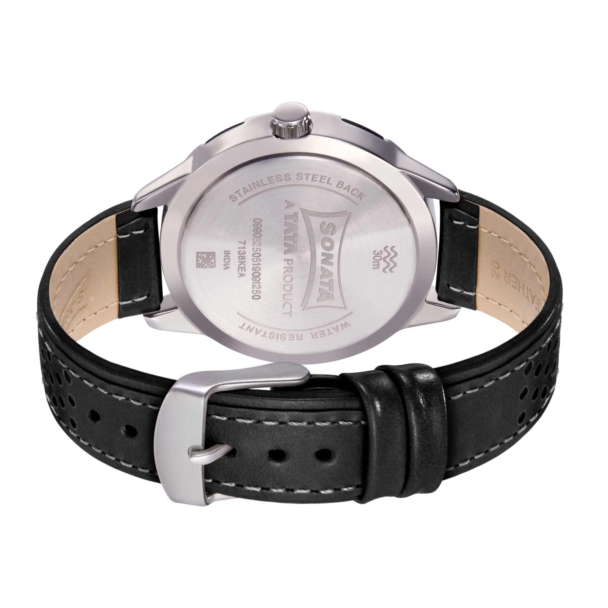 Sonata Quartz Analog with Day and Date Black Dial Leather Strap Watch for Men - Image 4