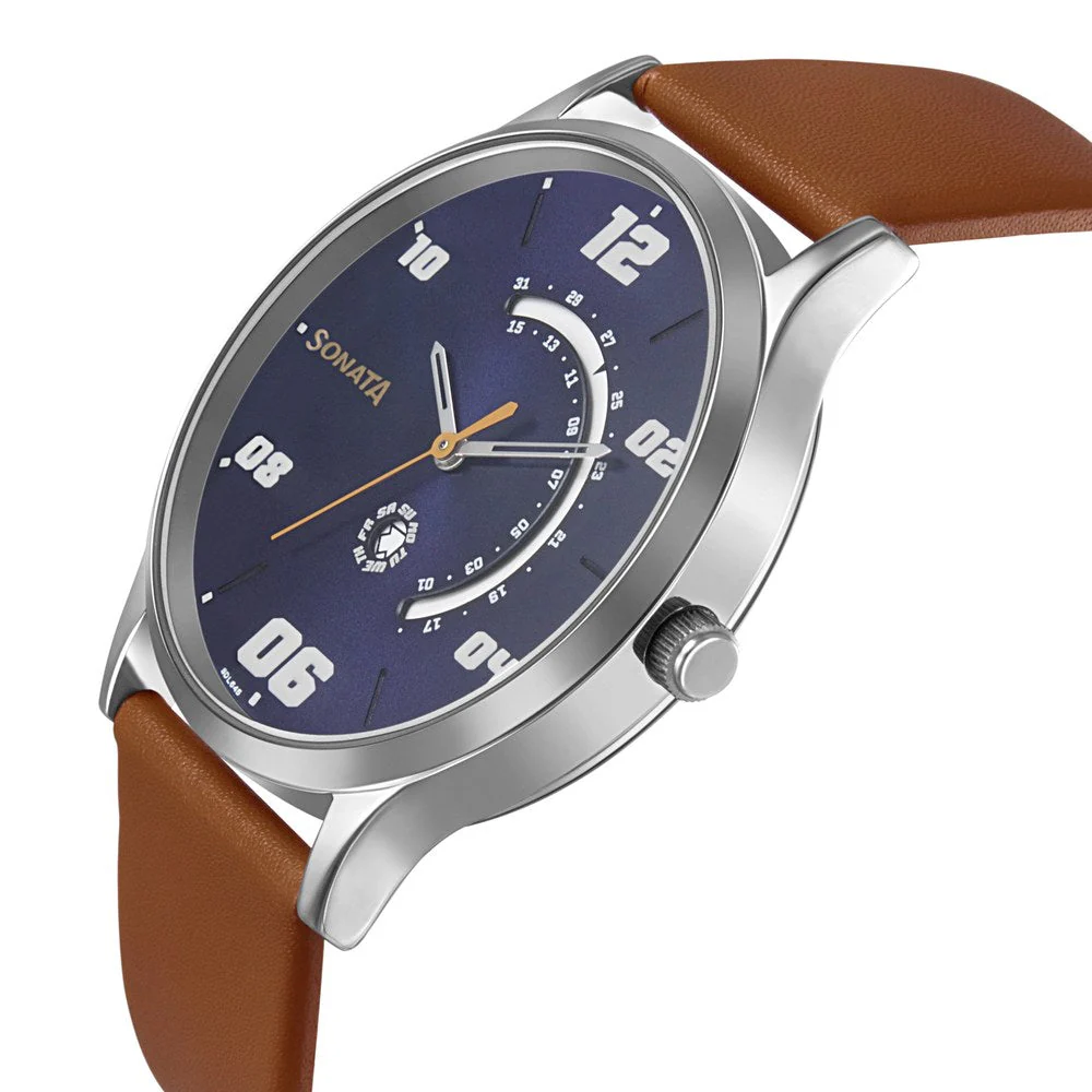 Sonata Quartz Analog with Day and Date Blue Dial Leather Strap Watch for Men - Image 3