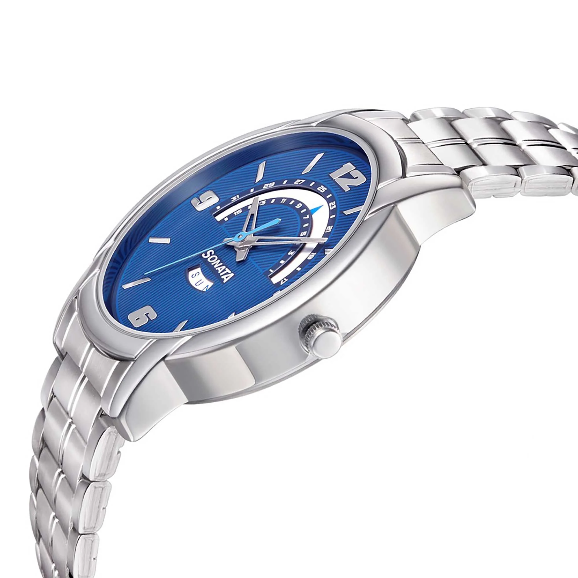 Sonata Quartz Analog with Day and Date Blue Dial Metal Strap Watch for Men - Image 3