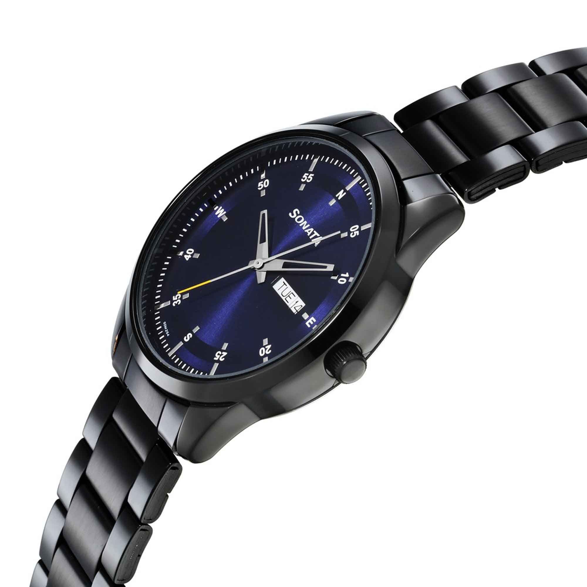 Sonata Quartz Analog with Day and Date Blue Dial Stainless Steel Strap Watch for Men - Image 3