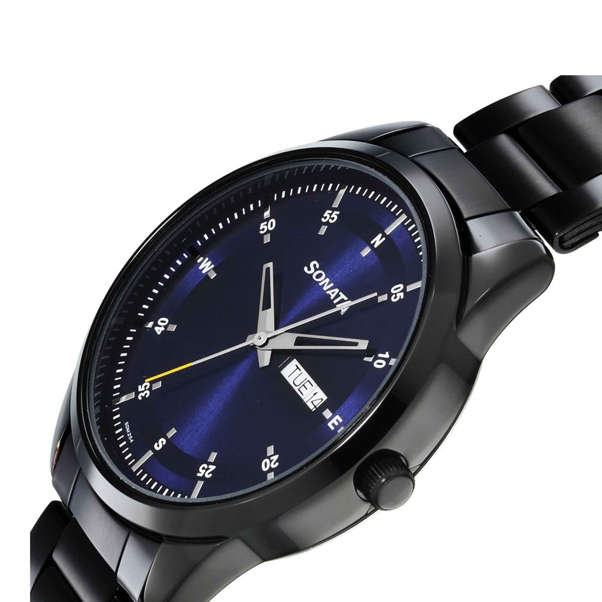 Sonata Quartz Analog with Day and Date Blue Dial Stainless Steel Strap Watch for Men - Image 5