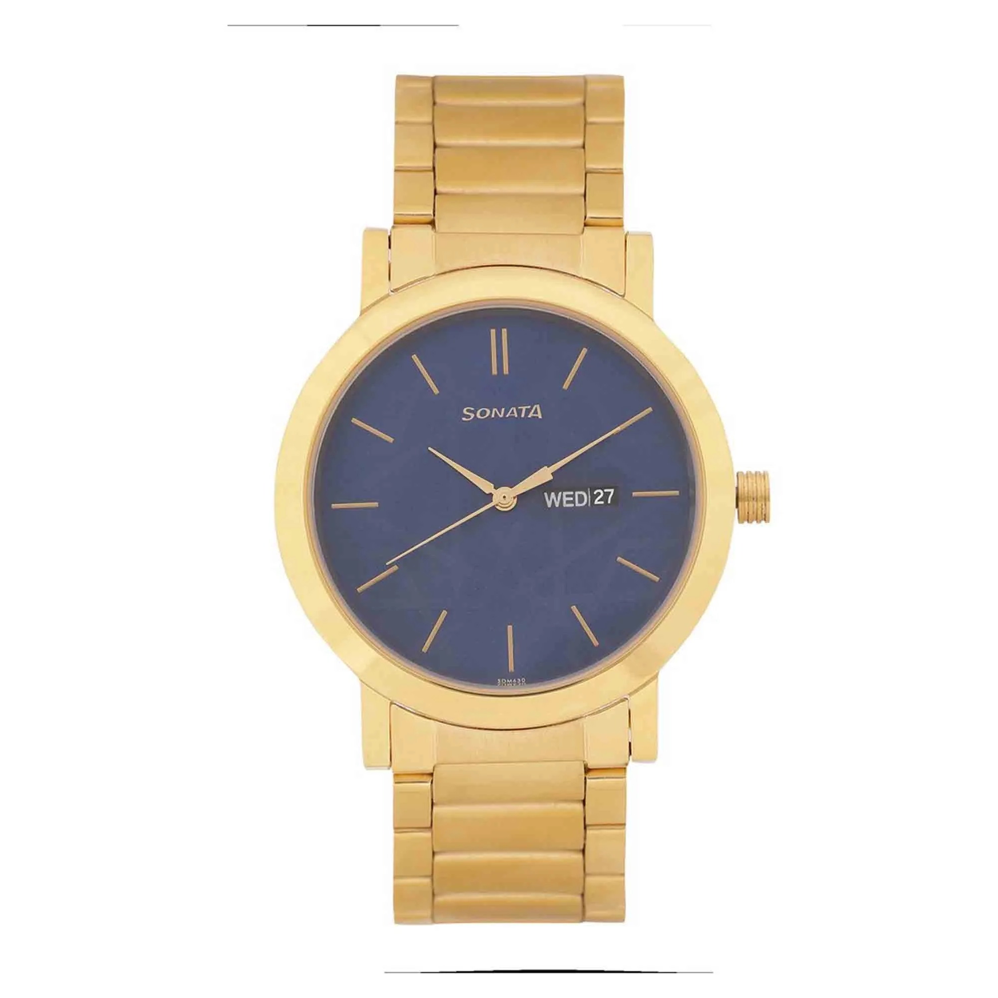 Sonata Quartz Analog with Day and Date Blue Dial Stainless Steel Strap Watch for Men