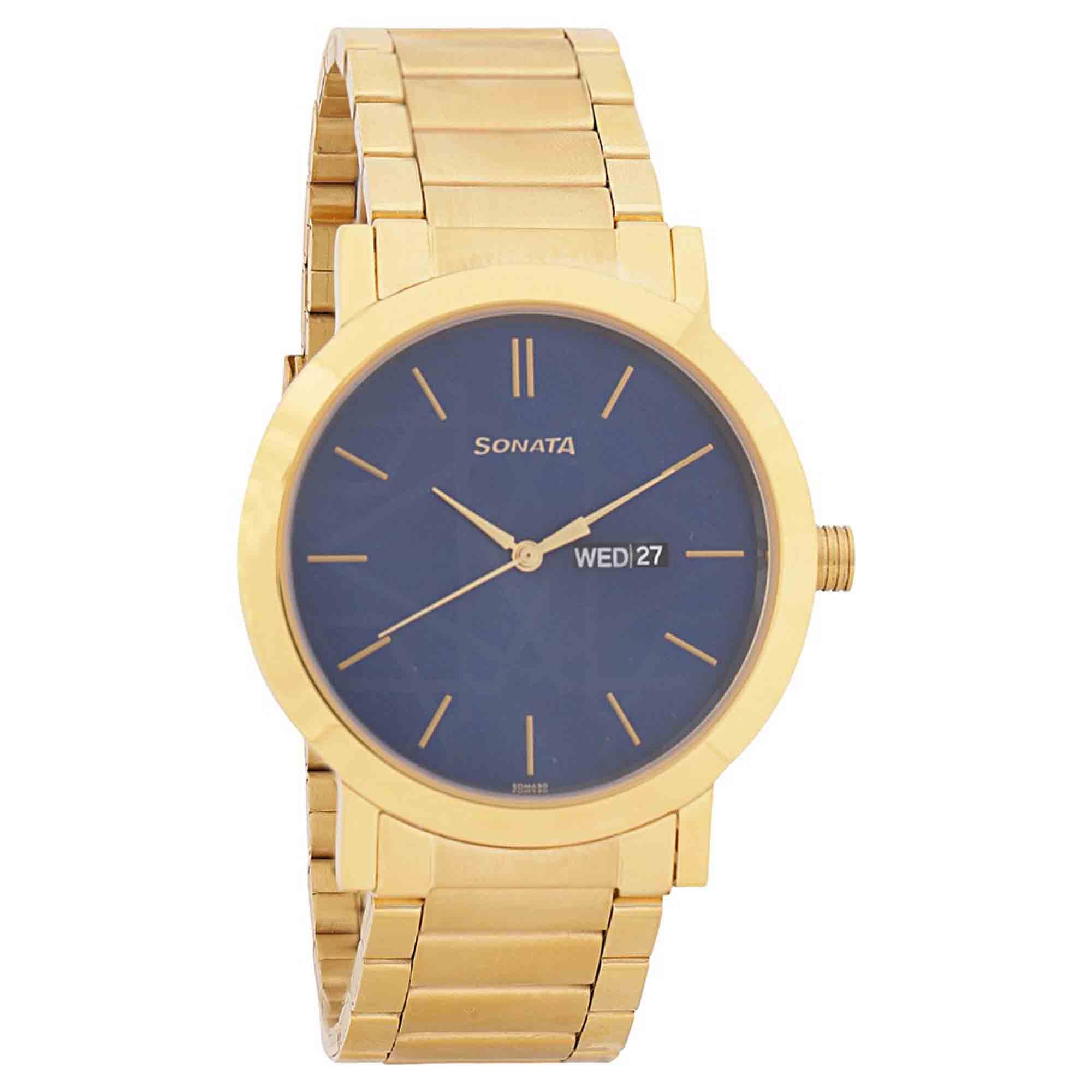 Sonata Quartz Analog with Day and Date Blue Dial Stainless Steel Strap Watch for Men - Image 2