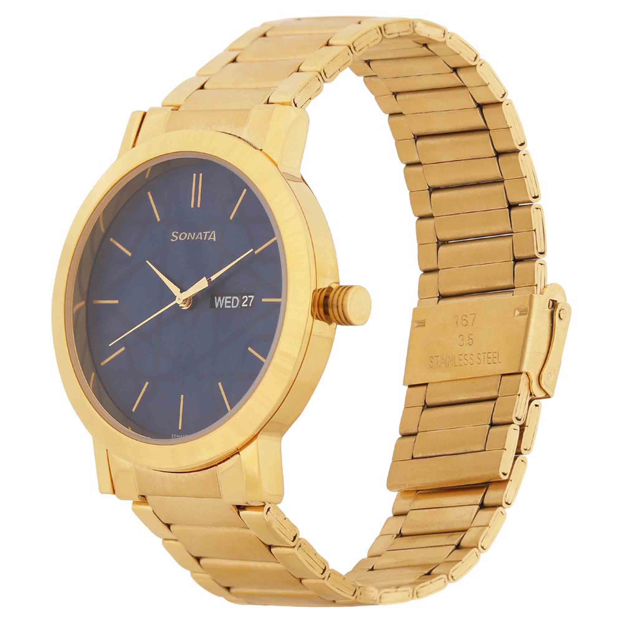 Sonata Quartz Analog with Day and Date Blue Dial Stainless Steel Strap Watch for Men - Image 3