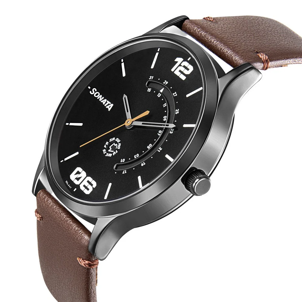 Sonata Quartz Analog with Day and Date Brown Dial Leather Strap Watch for Men - Image 3