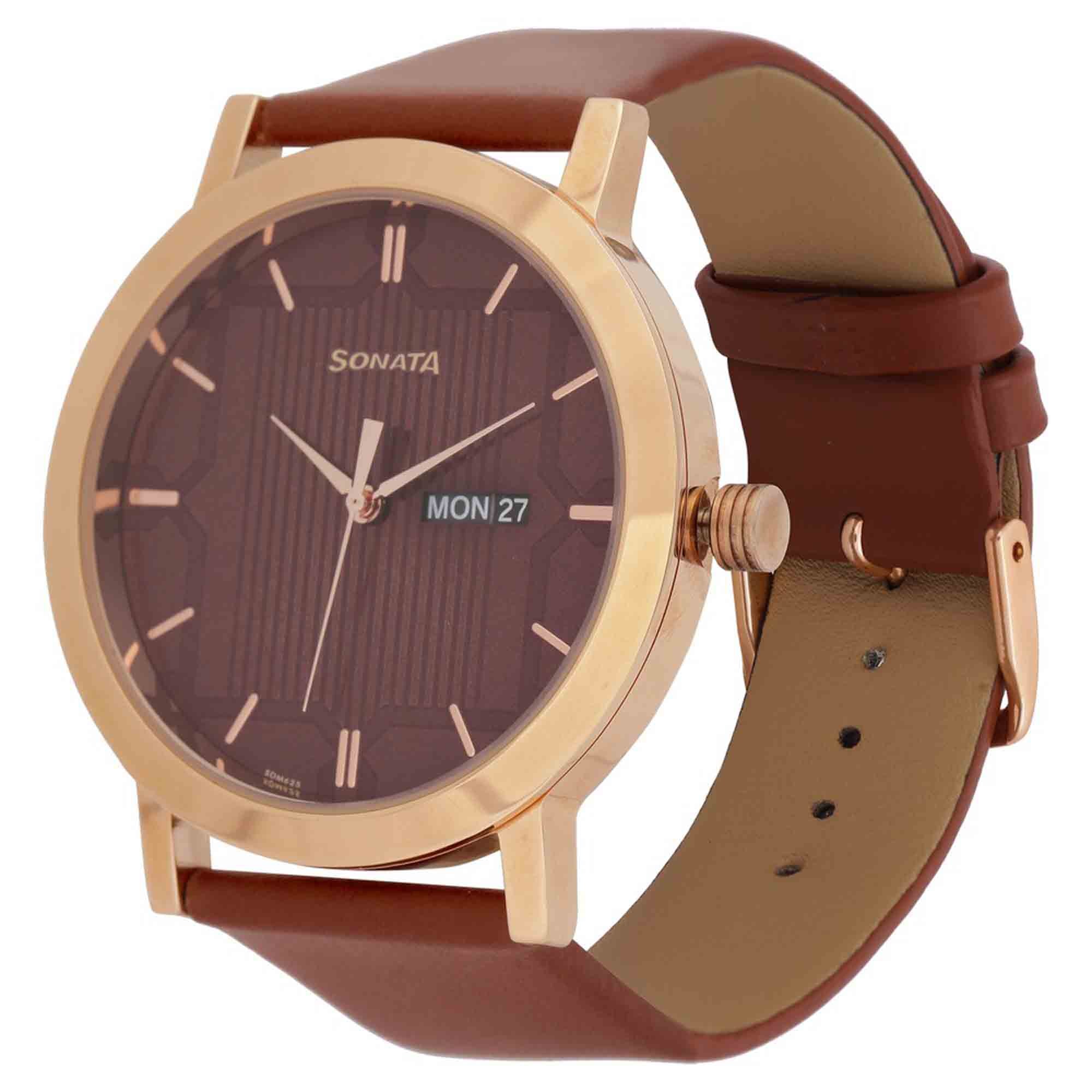 Sonata Quartz Analog with Day and Date Brown Dial Leather Strap Watch for Men - Image 3