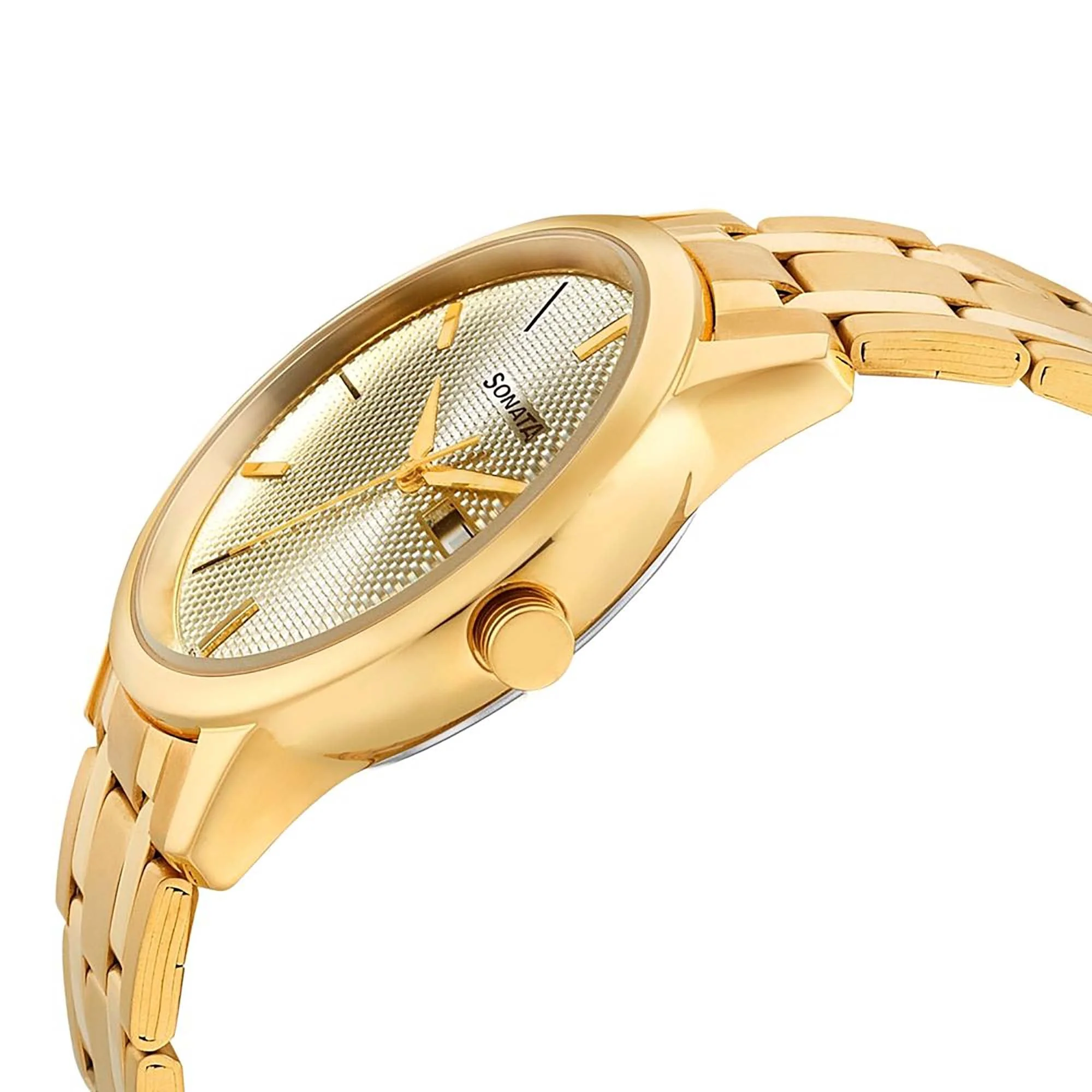 Sonata Quartz Analog with Day and Date Champagne Dial Metal Strap Watch for Men - Image 3