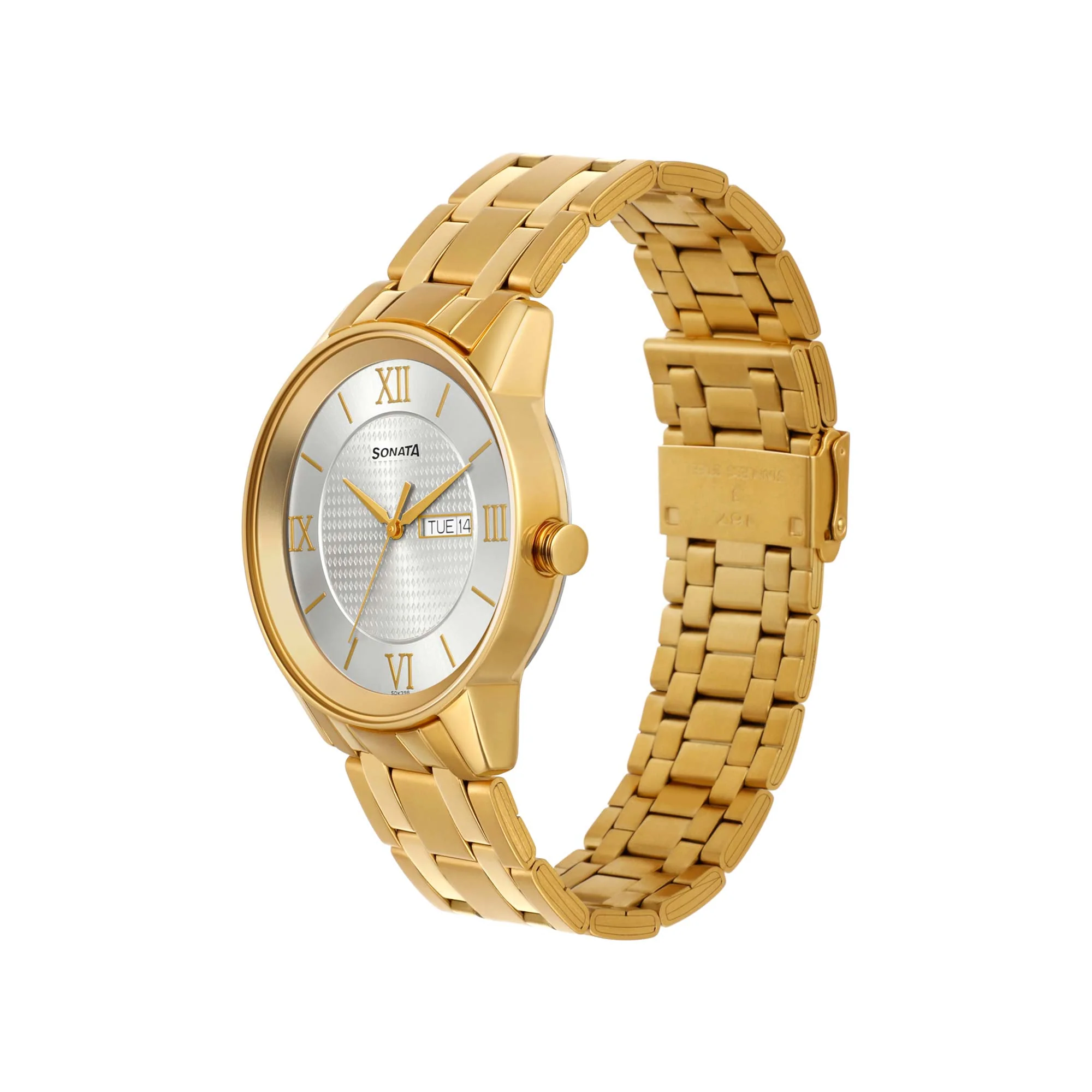 Sonata Quartz Analog with Day and Date Champagne Dial Stainless Steel Strap Watch for Men - Image 2