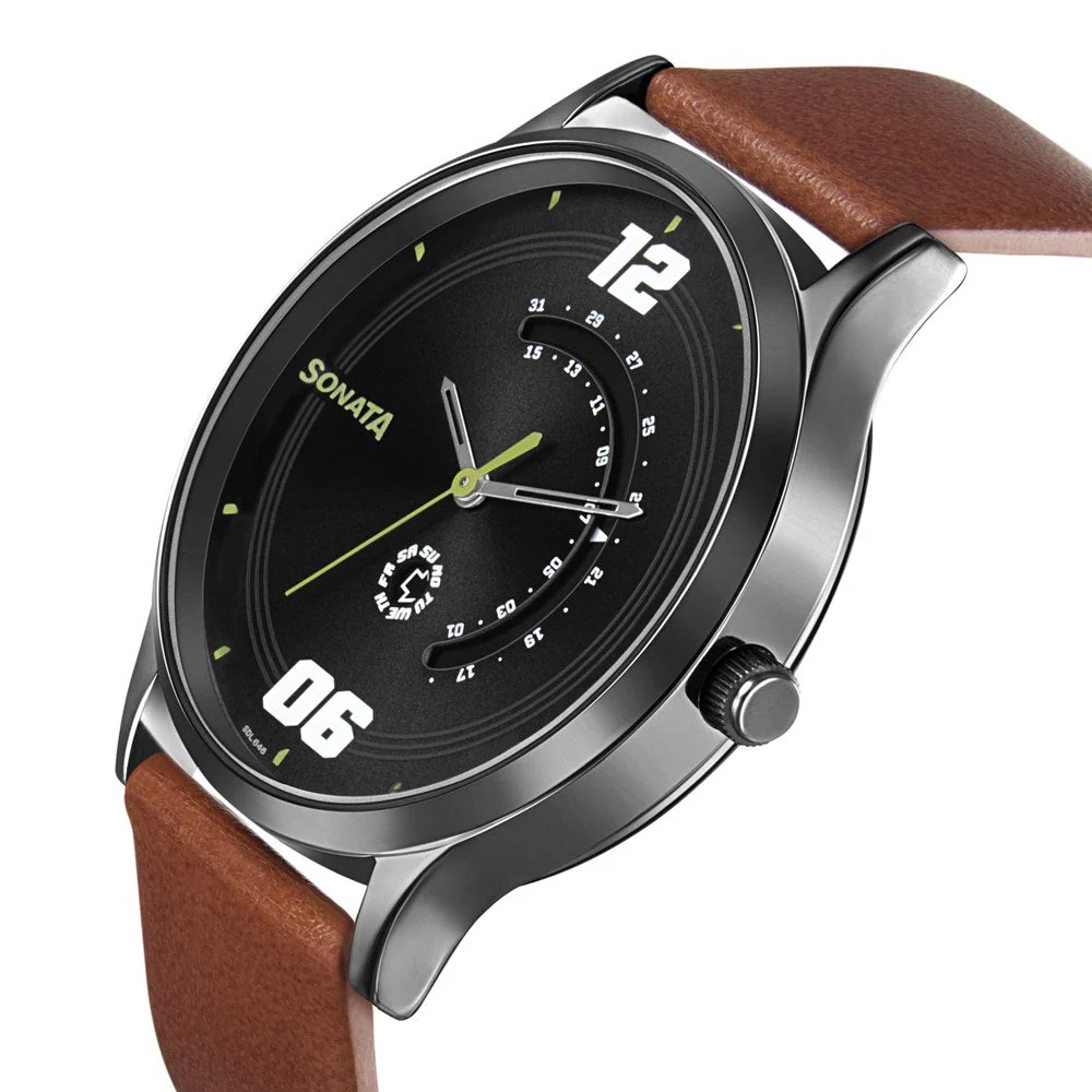 Sonata Quartz Analog with Day and Date Grey Dial Leather Strap Watch for Men - Image 3