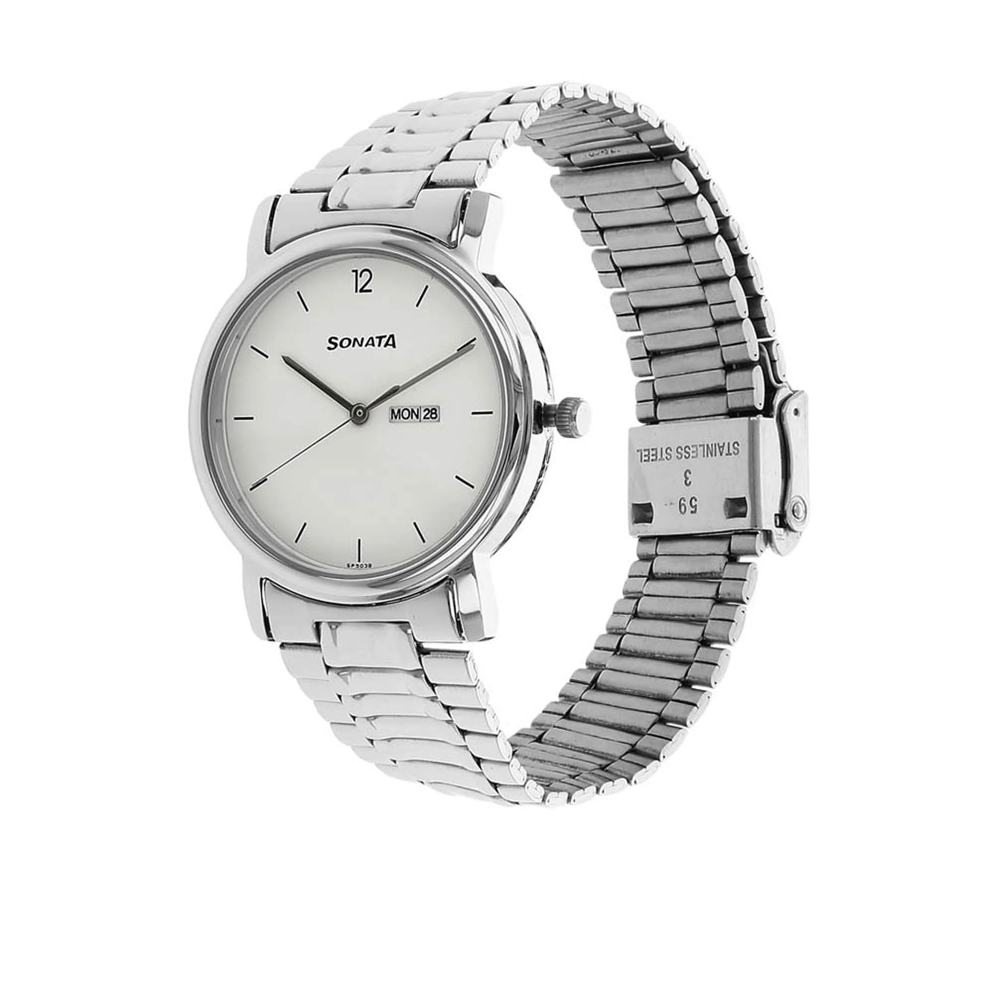 Sonata Quartz Analog with Day and Date White Dial Stainless Steel Strap Watch for Men - Image 2