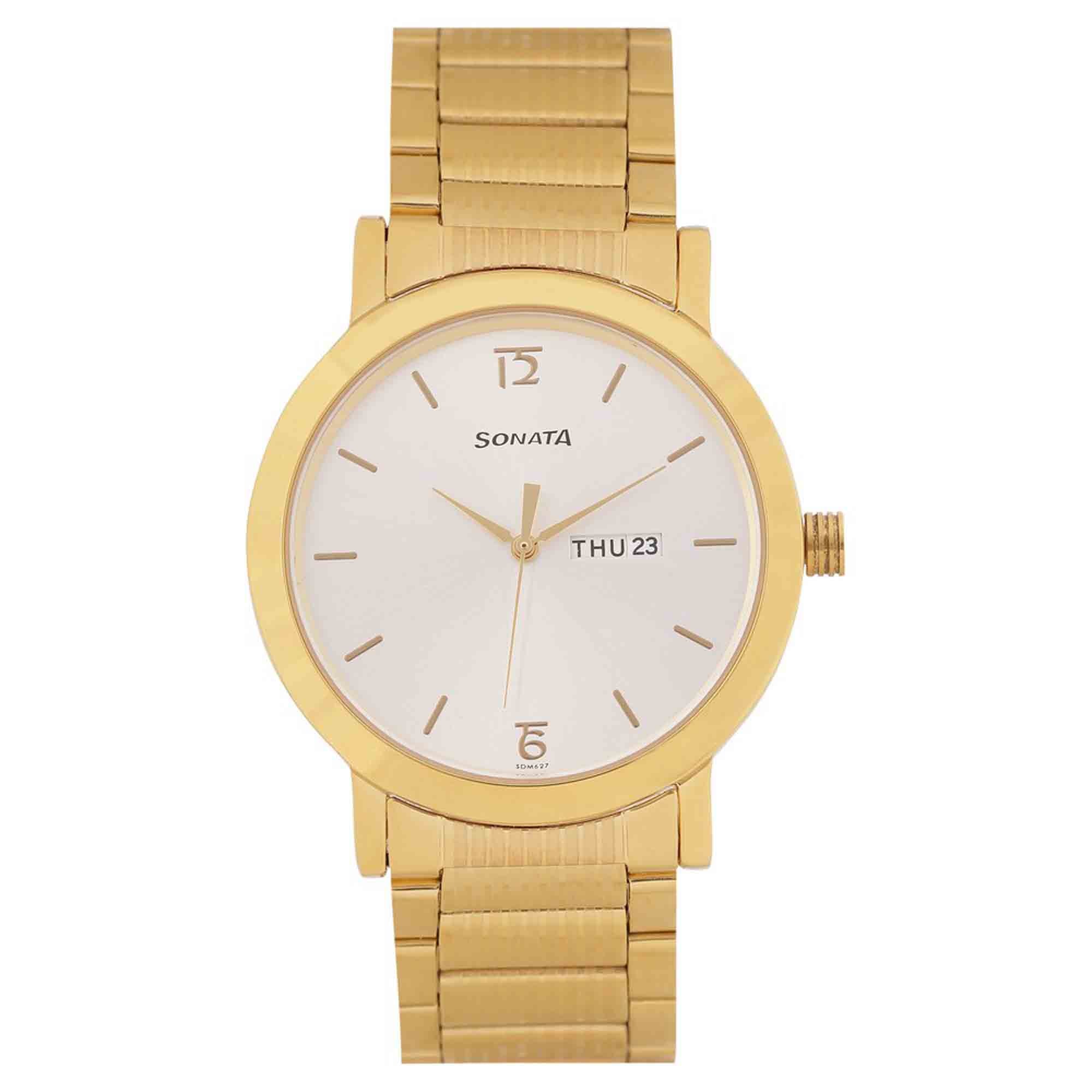 Sonata Quartz Analog with Day and Date White Dial Stainless Steel Strap Watch for Men