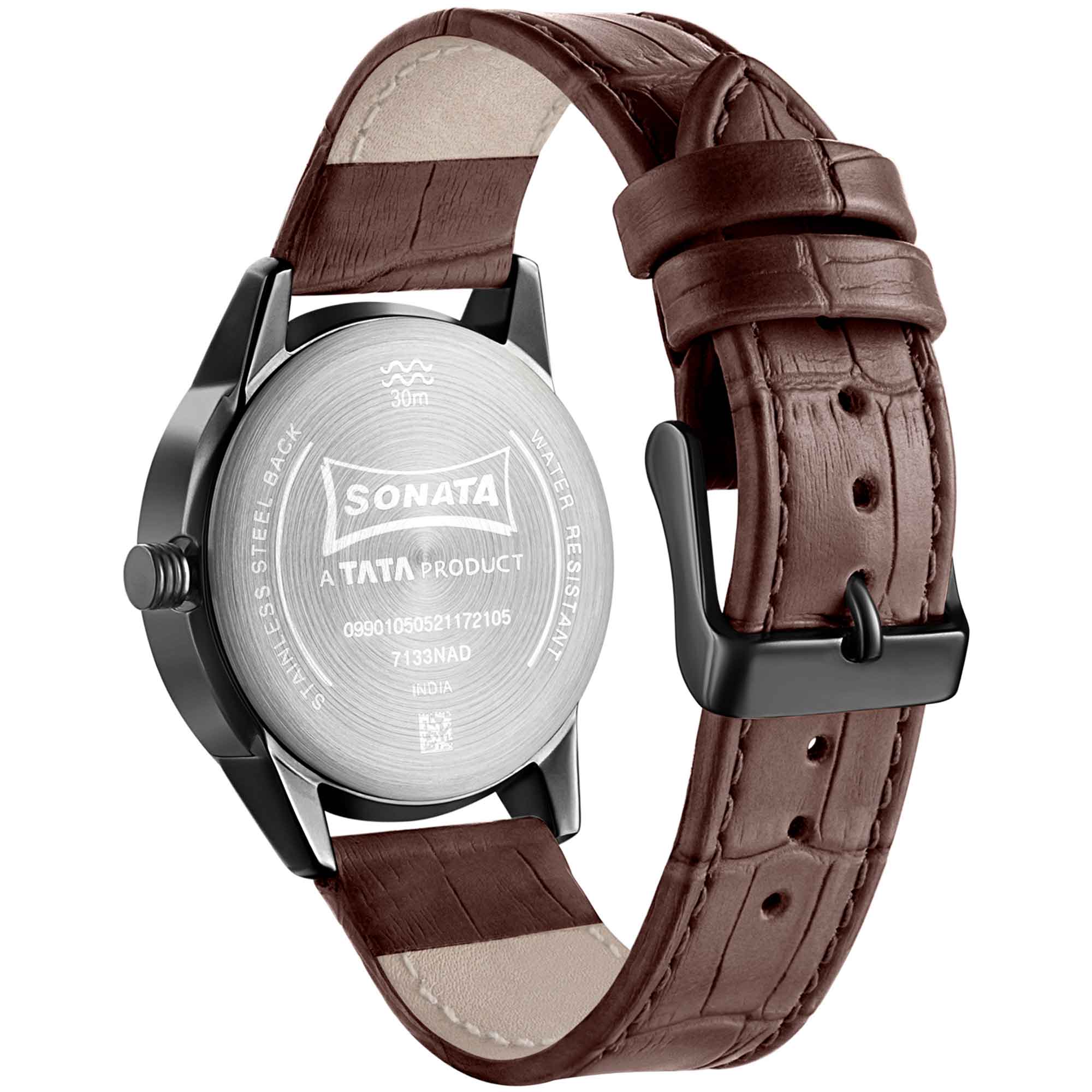Sonata Quartz Multifunction Black Dial Leather Strap Watch for Men - Image 3