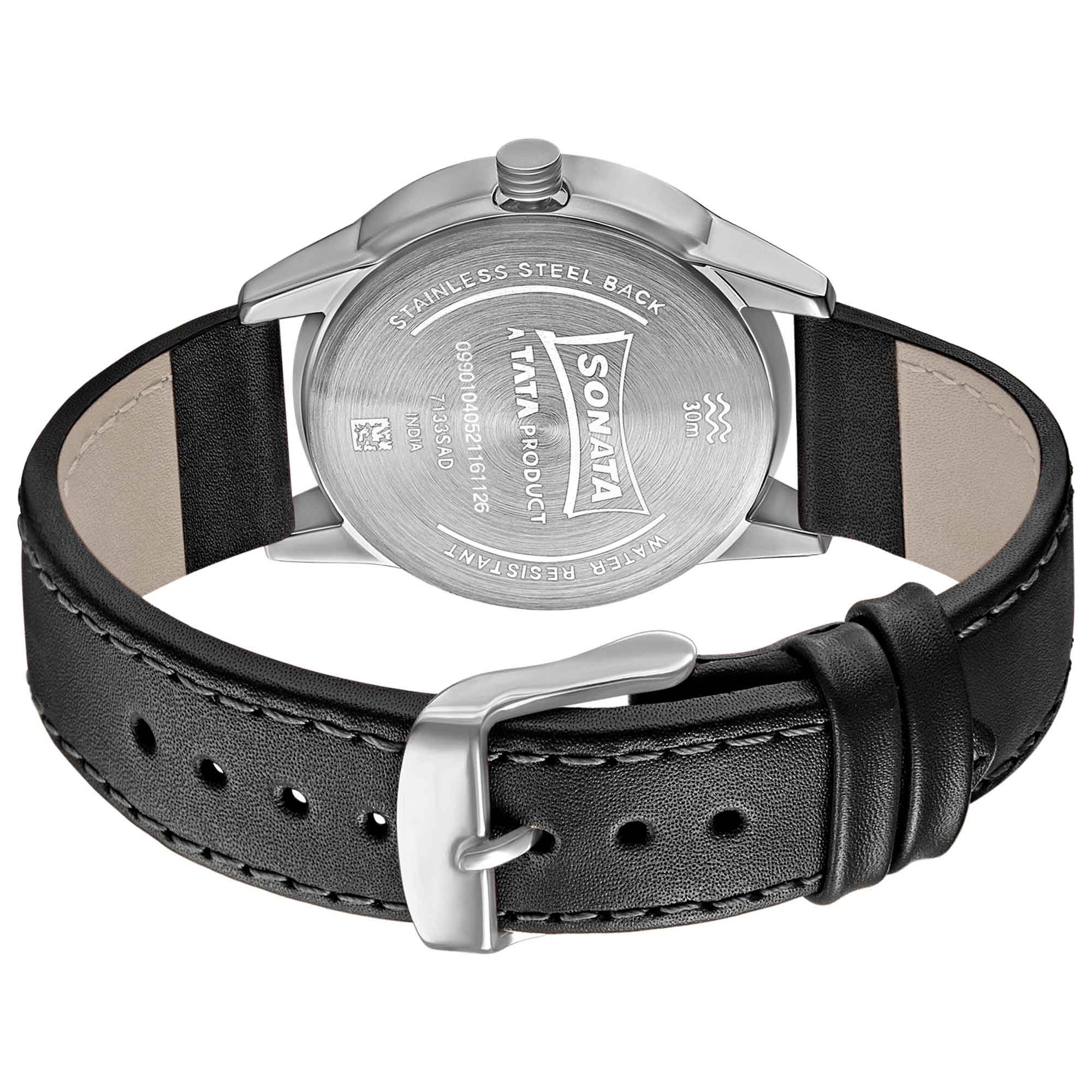 Sonata Quartz Multifunction Black Dial Leather Strap Watch for Men - Image 3