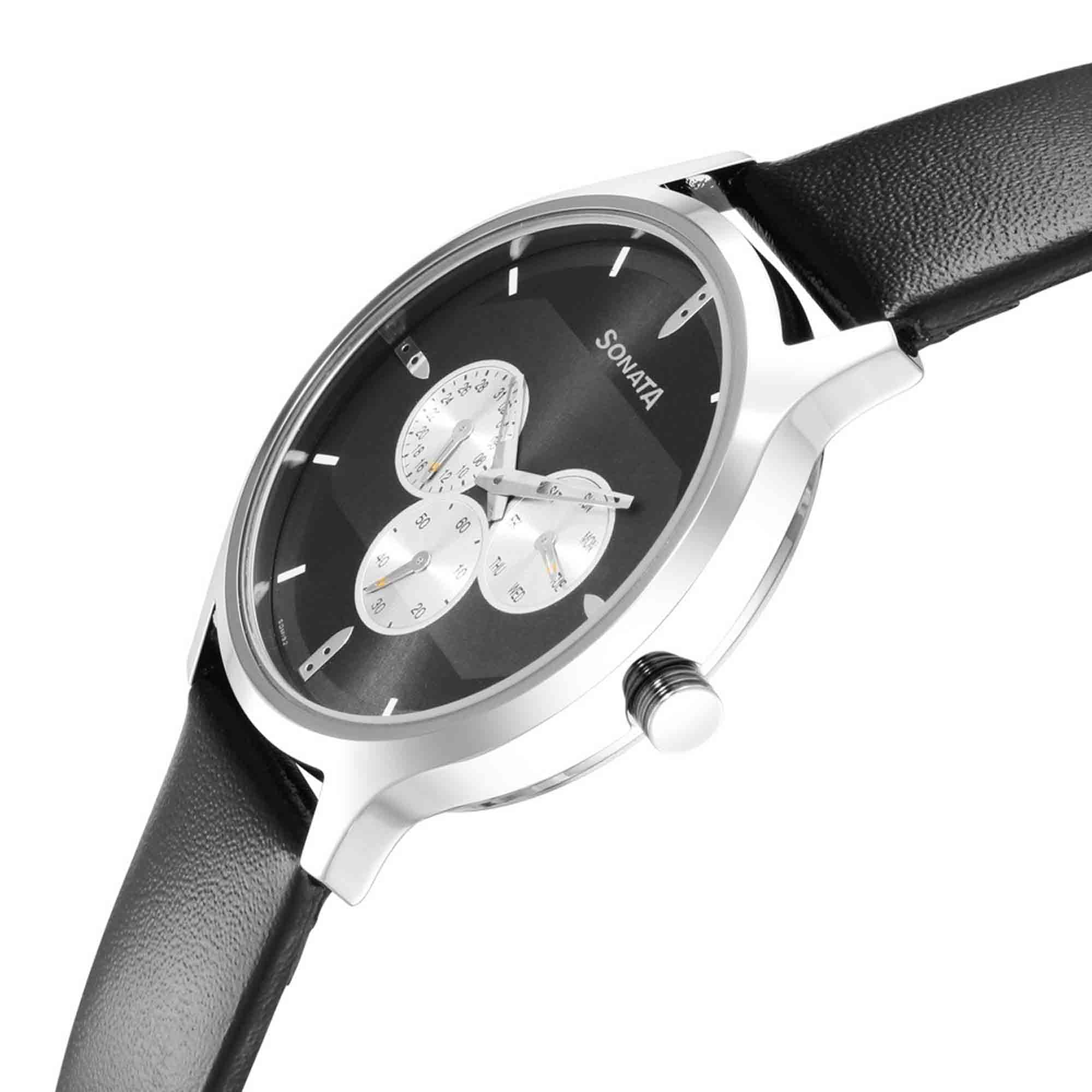 Sonata Quartz Multifunction Black Dial Leather Strap Watch for Men - Image 3