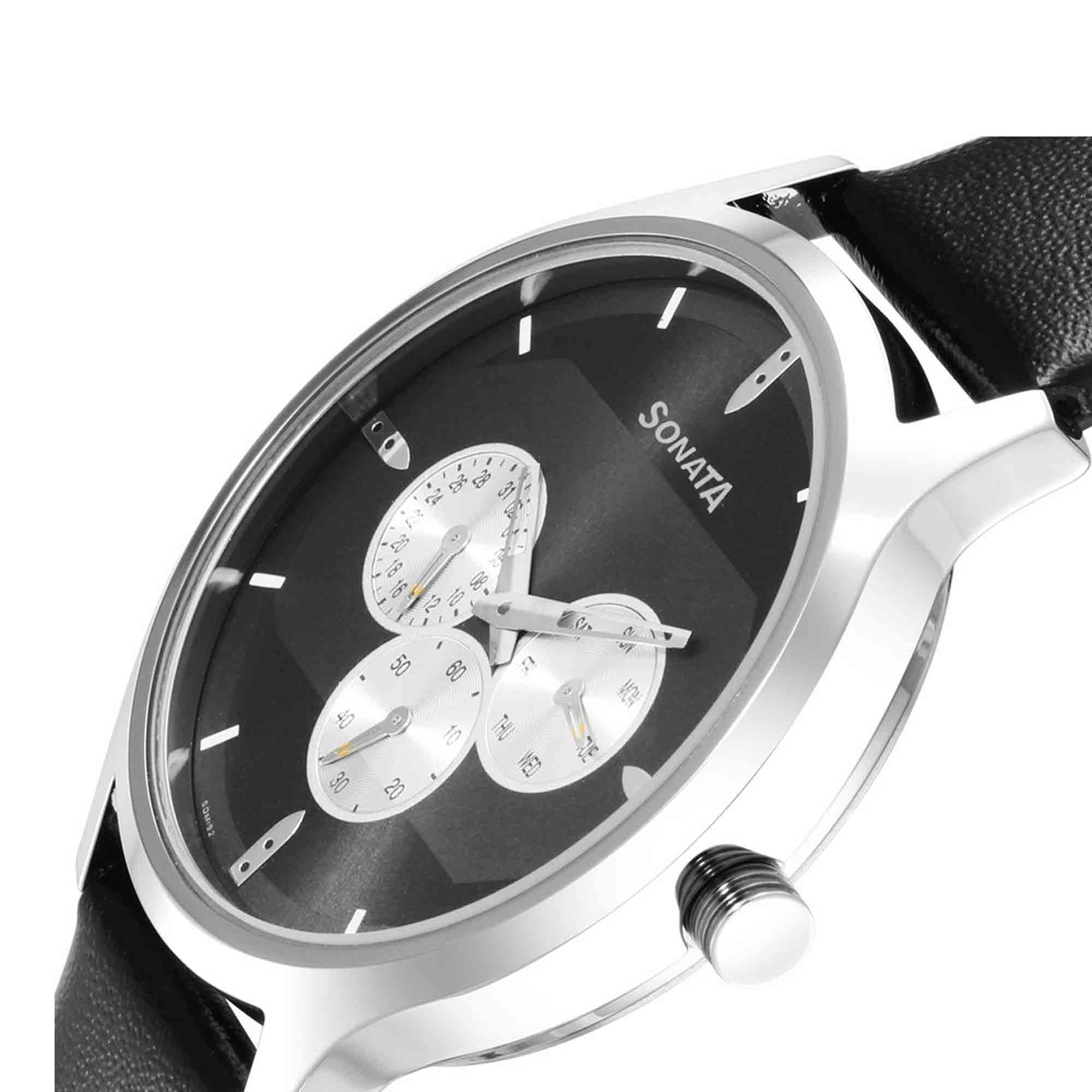 Sonata Quartz Multifunction Black Dial Leather Strap Watch for Men - Image 5