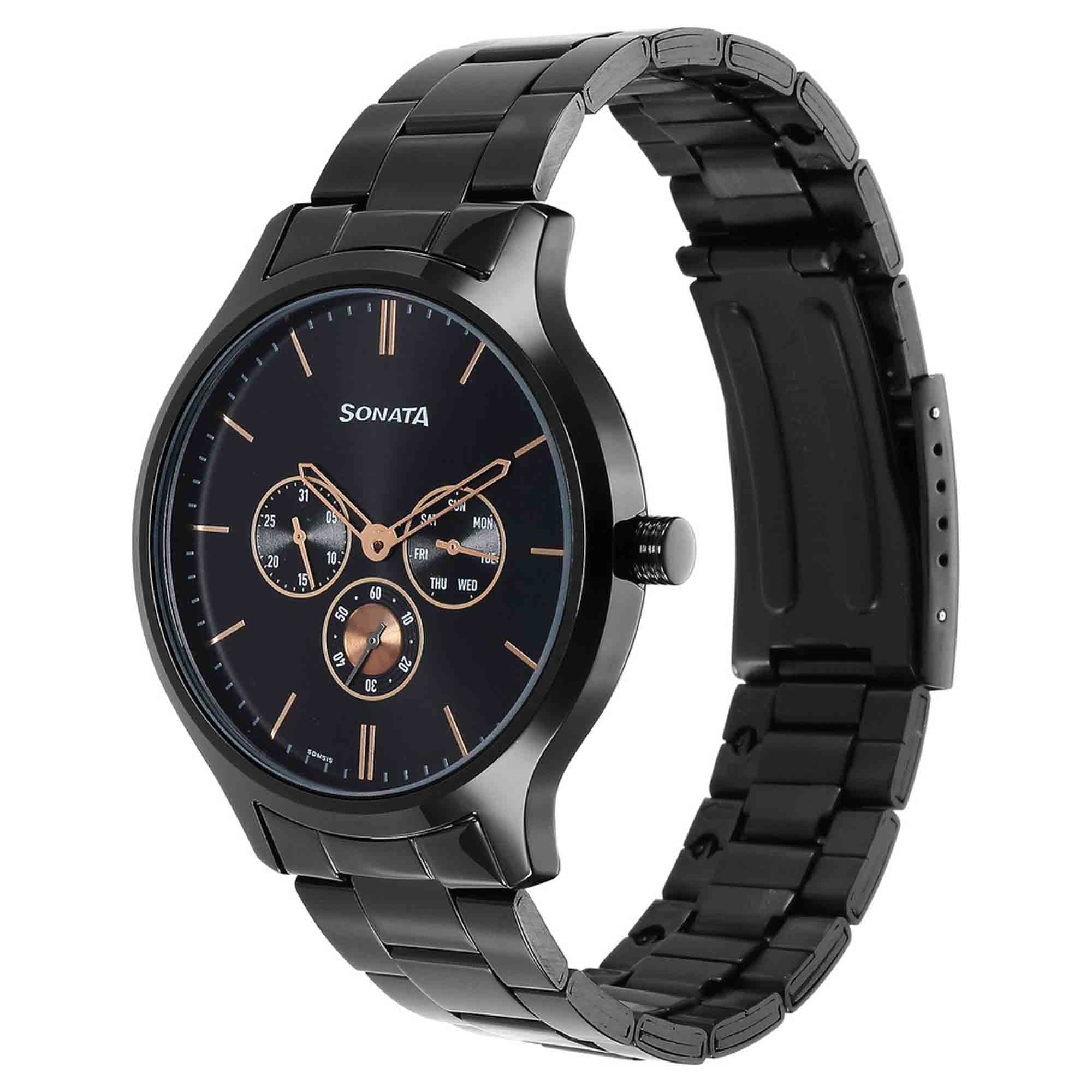 Sonata Quartz Multifunction Black Dial Stainless Steel Strap Watch for Men - Image 2
