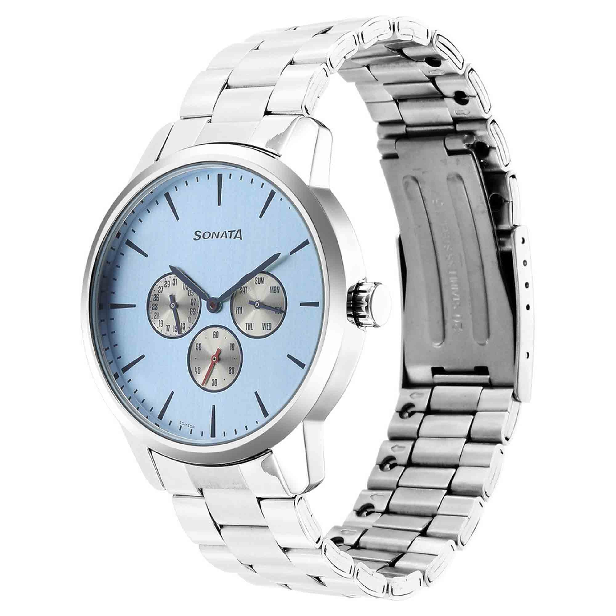 Sonata Quartz Multifunction Blue Dial Stainless Steel Strap Watch for Men - Image 2