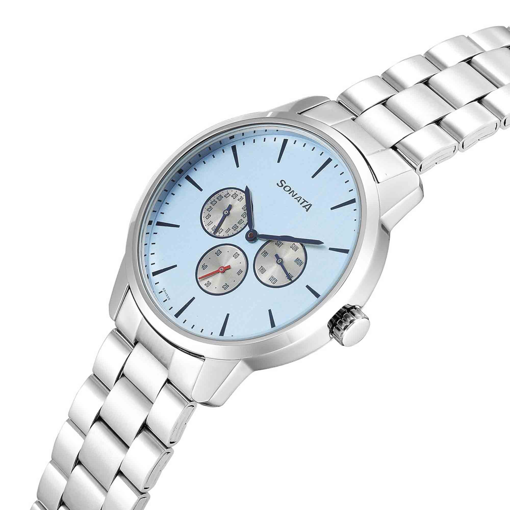Sonata Quartz Multifunction Blue Dial Stainless Steel Strap Watch for Men - Image 3