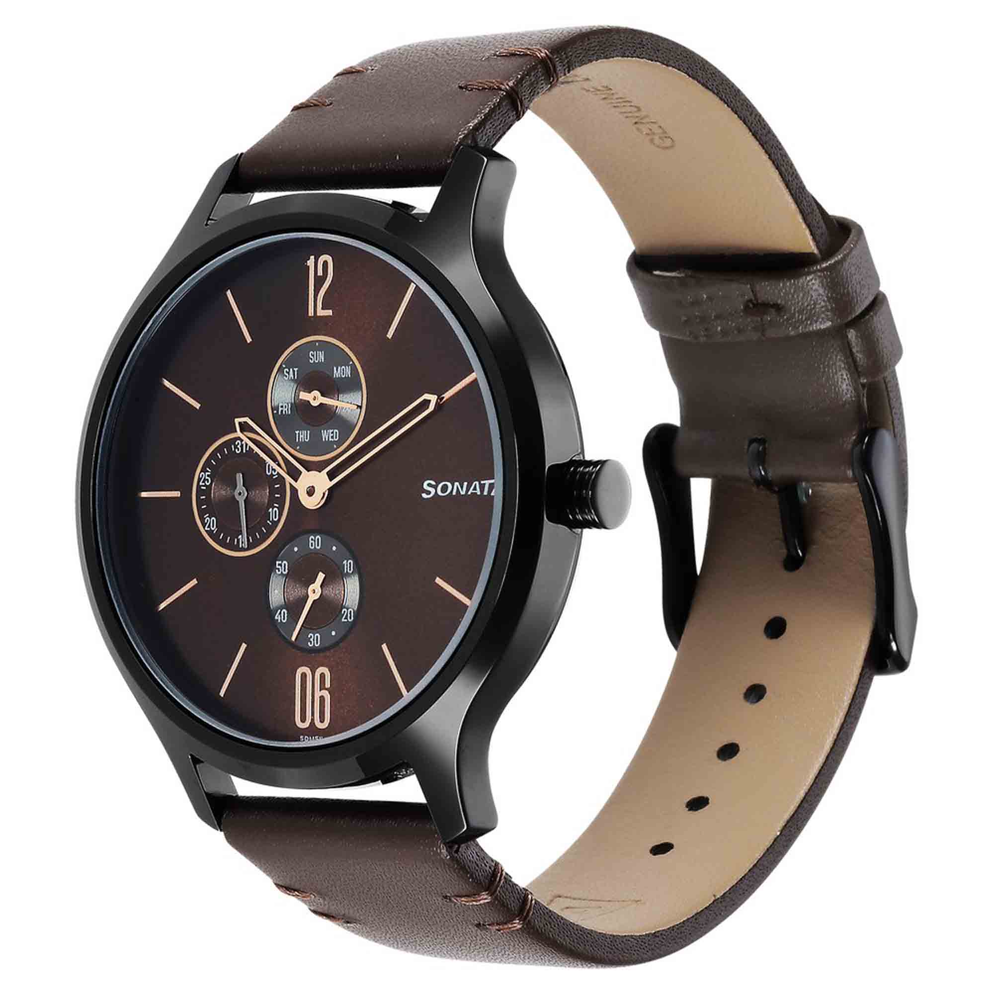 Sonata Quartz Multifunction Brown Dial Leather Strap Watch for Men - Image 2