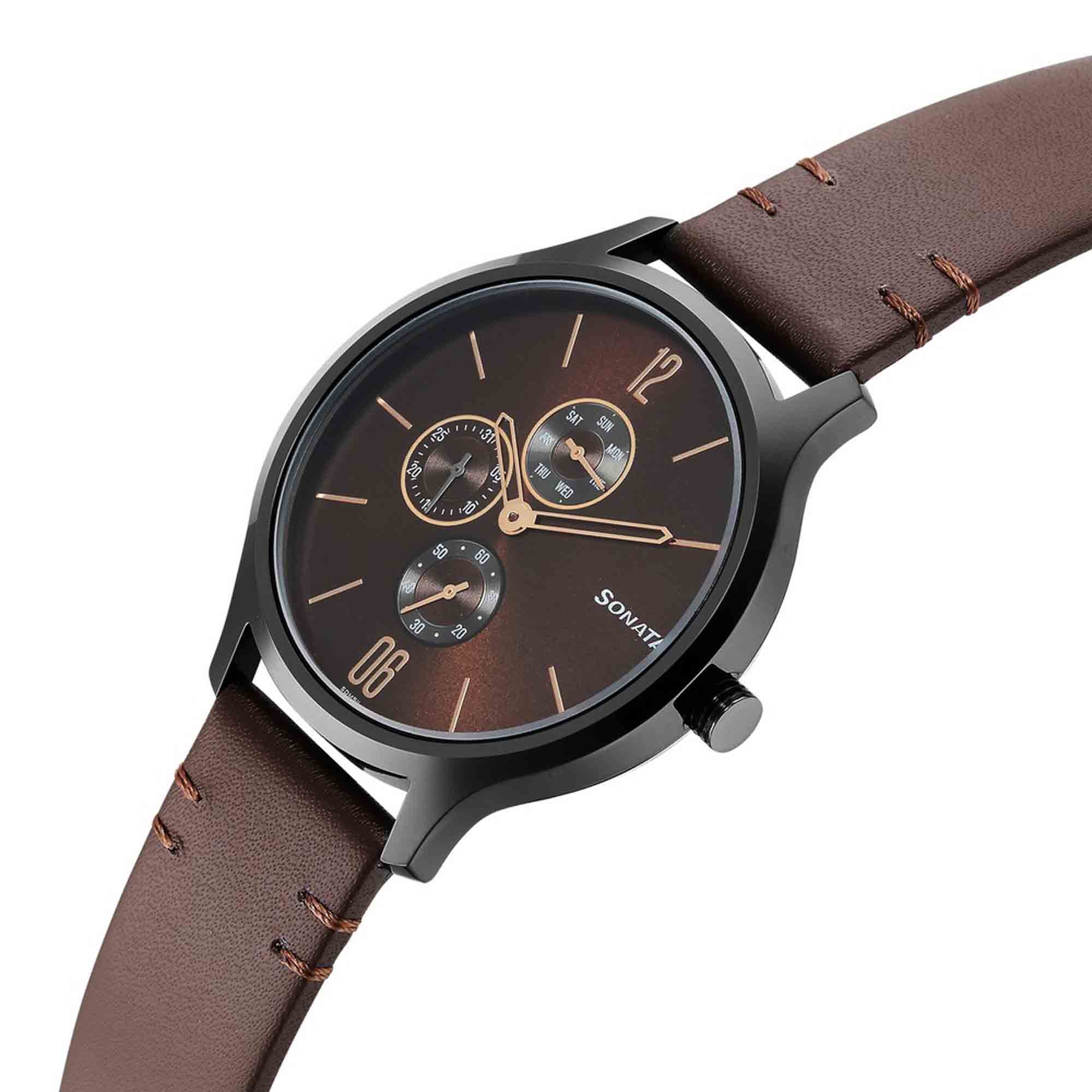 Sonata Quartz Multifunction Brown Dial Leather Strap Watch for Men - Image 3