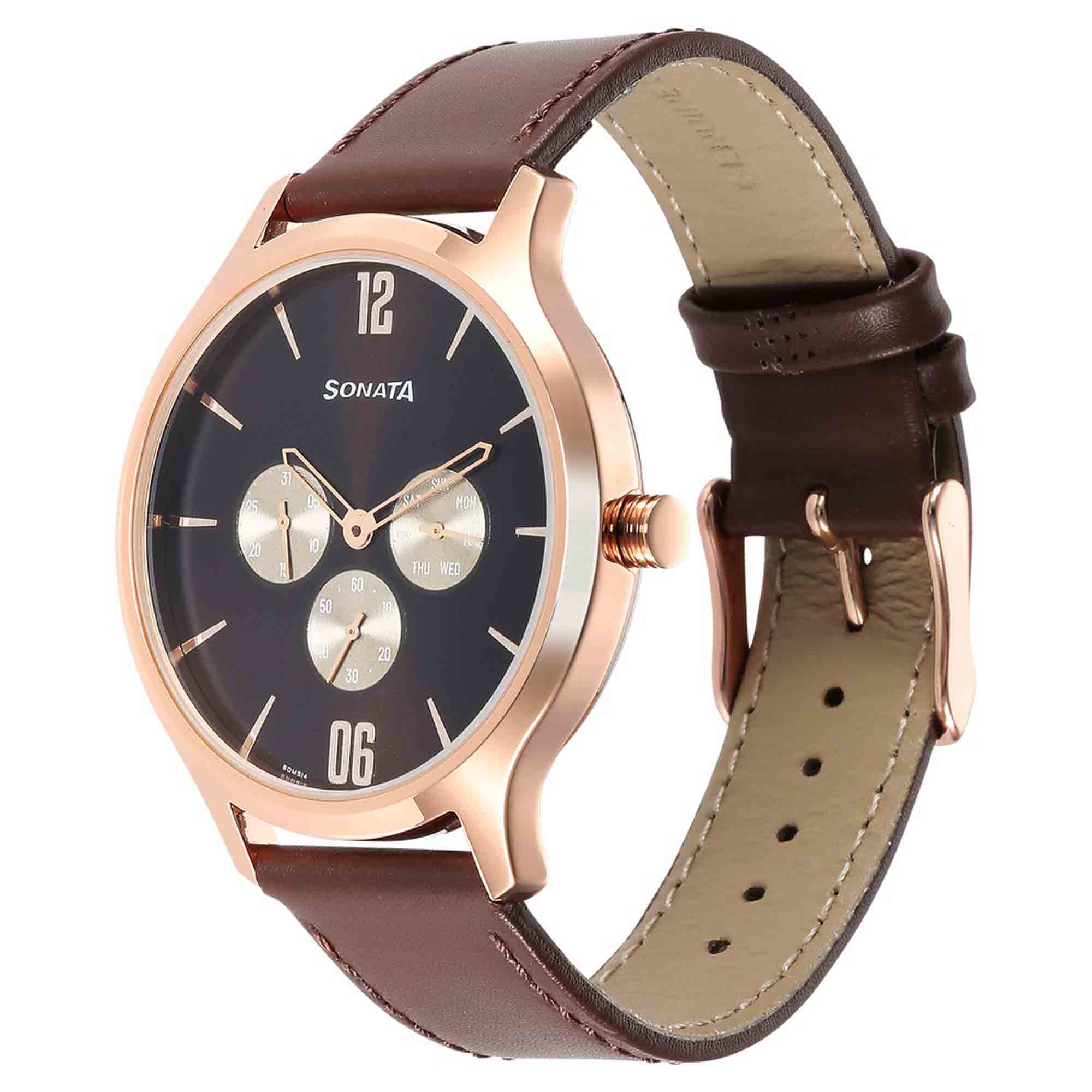Sonata Quartz Multifunction Brown Dial Leather Strap Watch for Men - Image 2