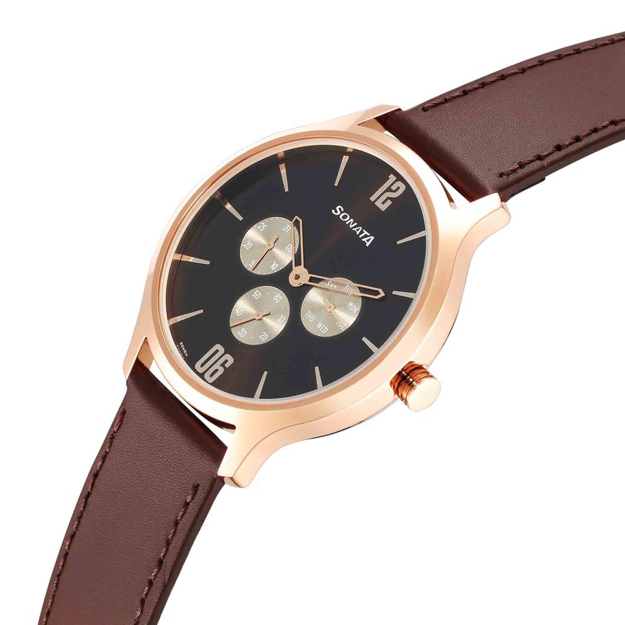 Sonata Quartz Multifunction Brown Dial Leather Strap Watch for Men - Image 3