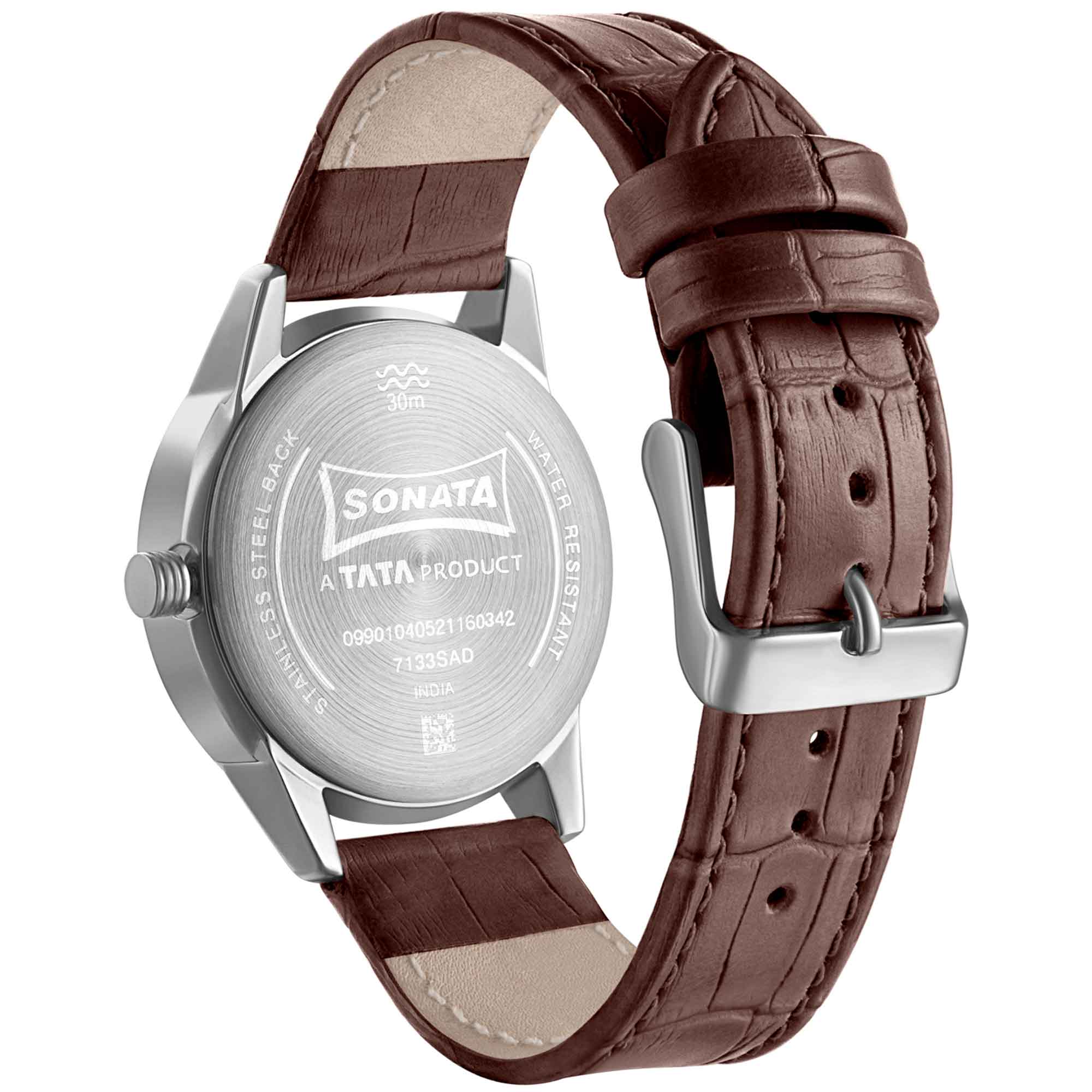 Sonata Quartz Multifunction Silver Dial Leather Strap Watch for Men - Image 3