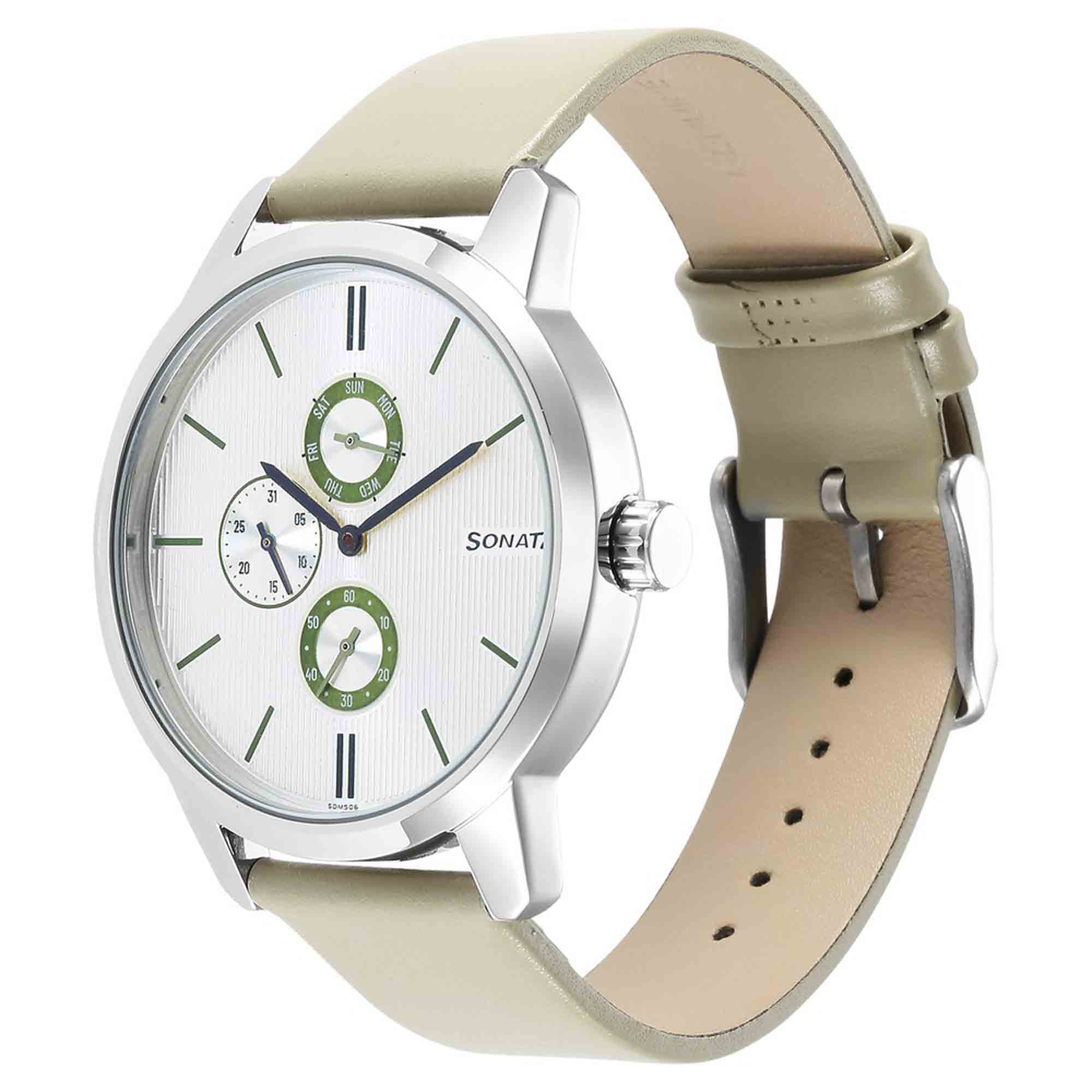 Sonata Quartz Multifunction Silver Dial Leather Strap Watch for Men - Image 2