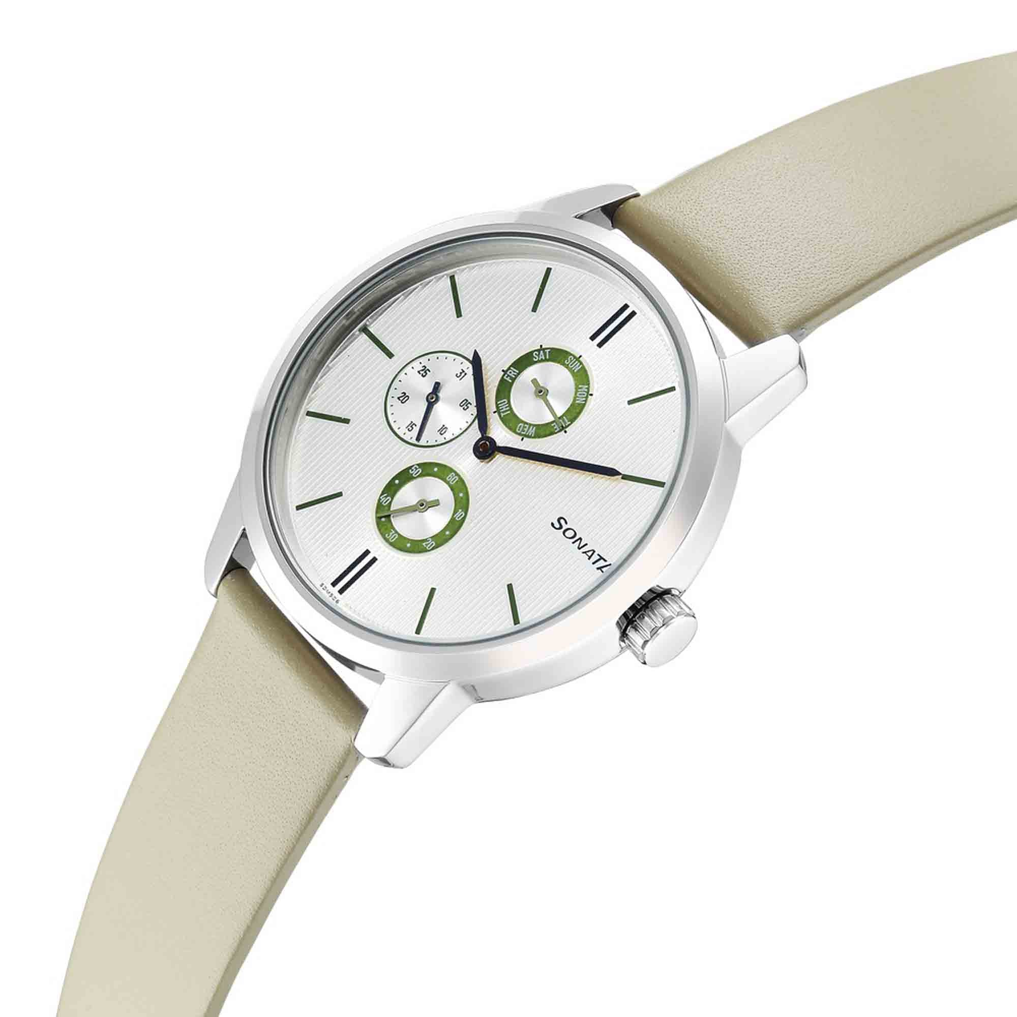 Sonata Quartz Multifunction Silver Dial Leather Strap Watch for Men - Image 3