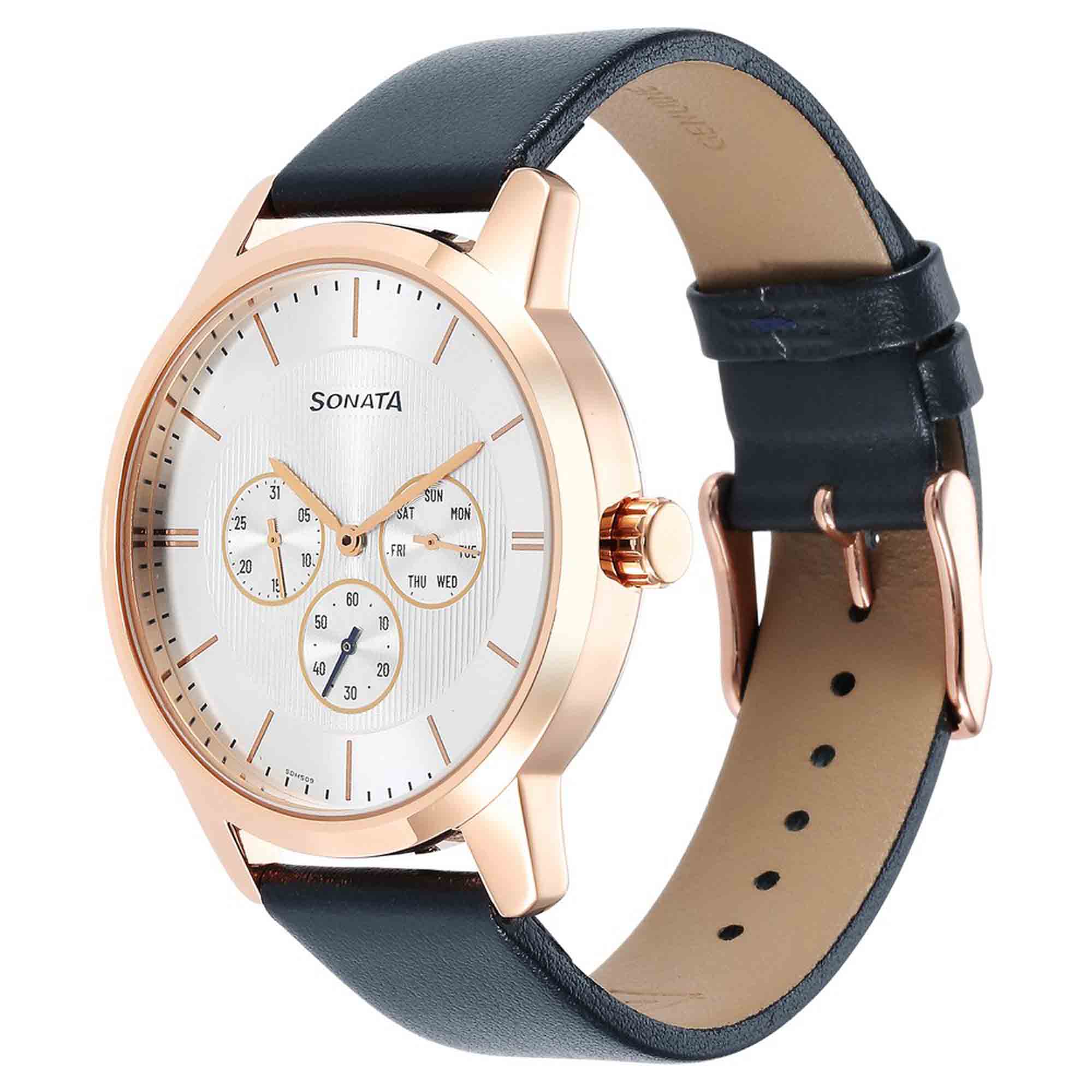 Sonata Quartz Multifunction Silver Dial Leather Strap Watch for Men - Image 2