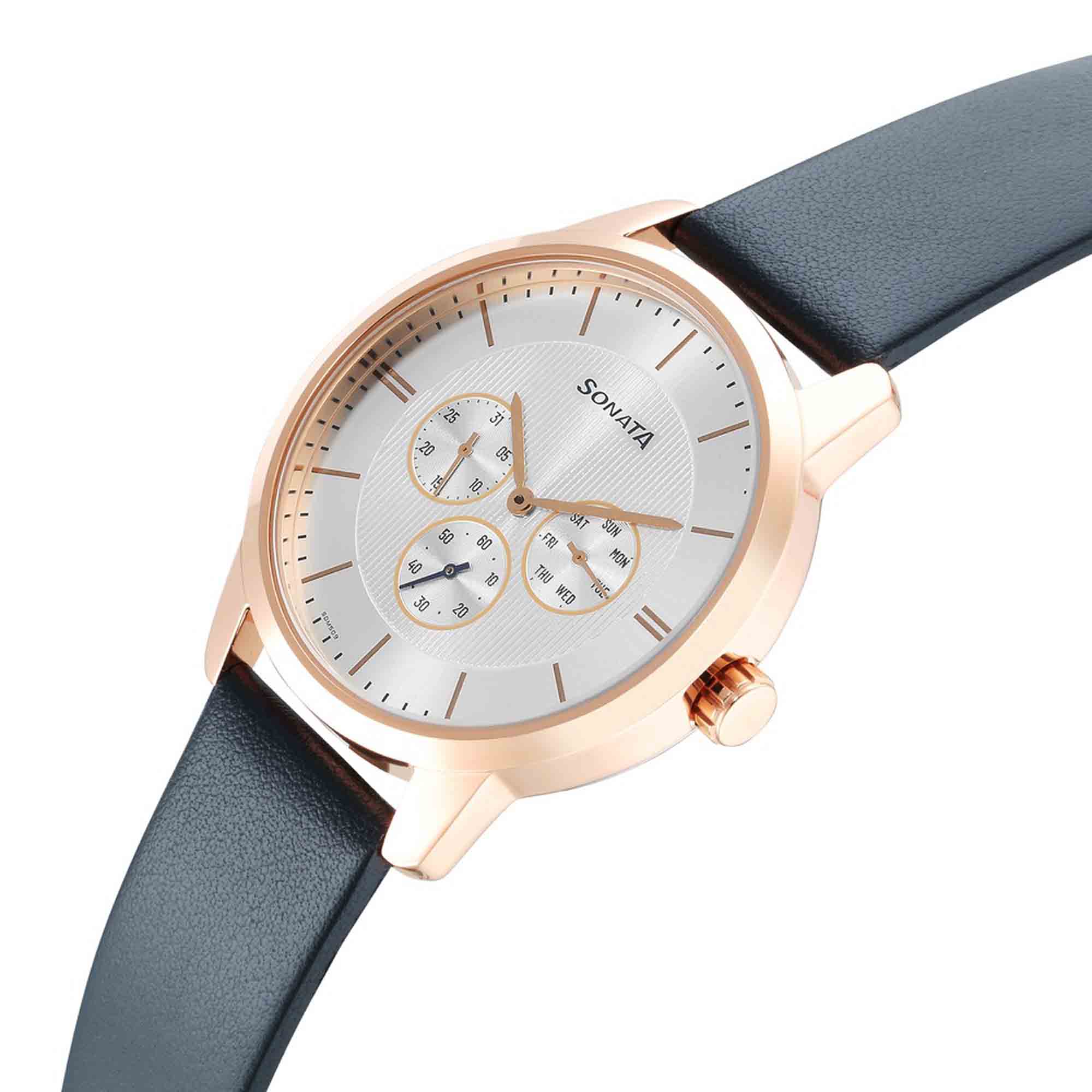 Sonata Quartz Multifunction Silver Dial Leather Strap Watch for Men - Image 3