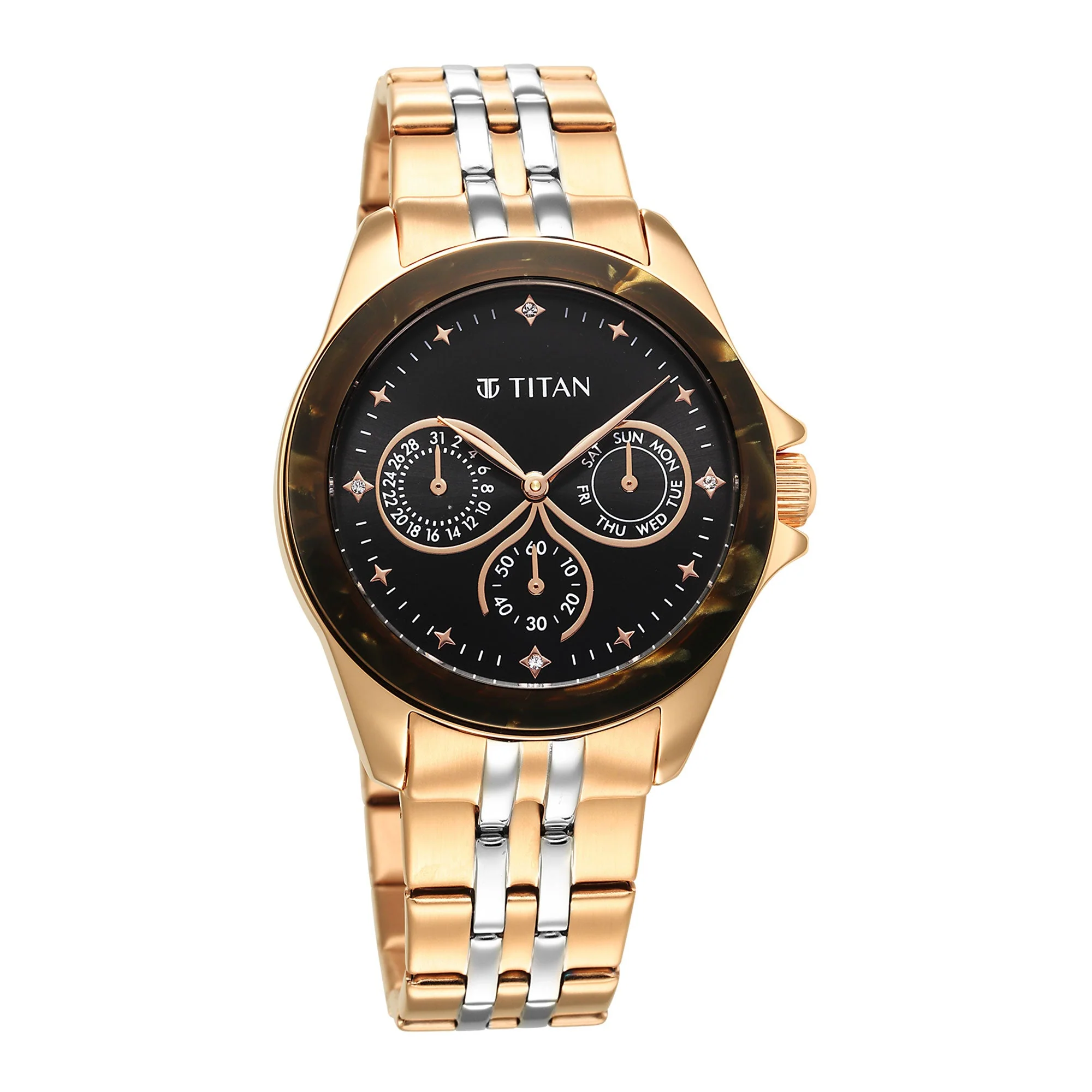 Titan Acetate Black Dial Analog with Day and Date Stainless Steel Strap Watch for Women - Image 2